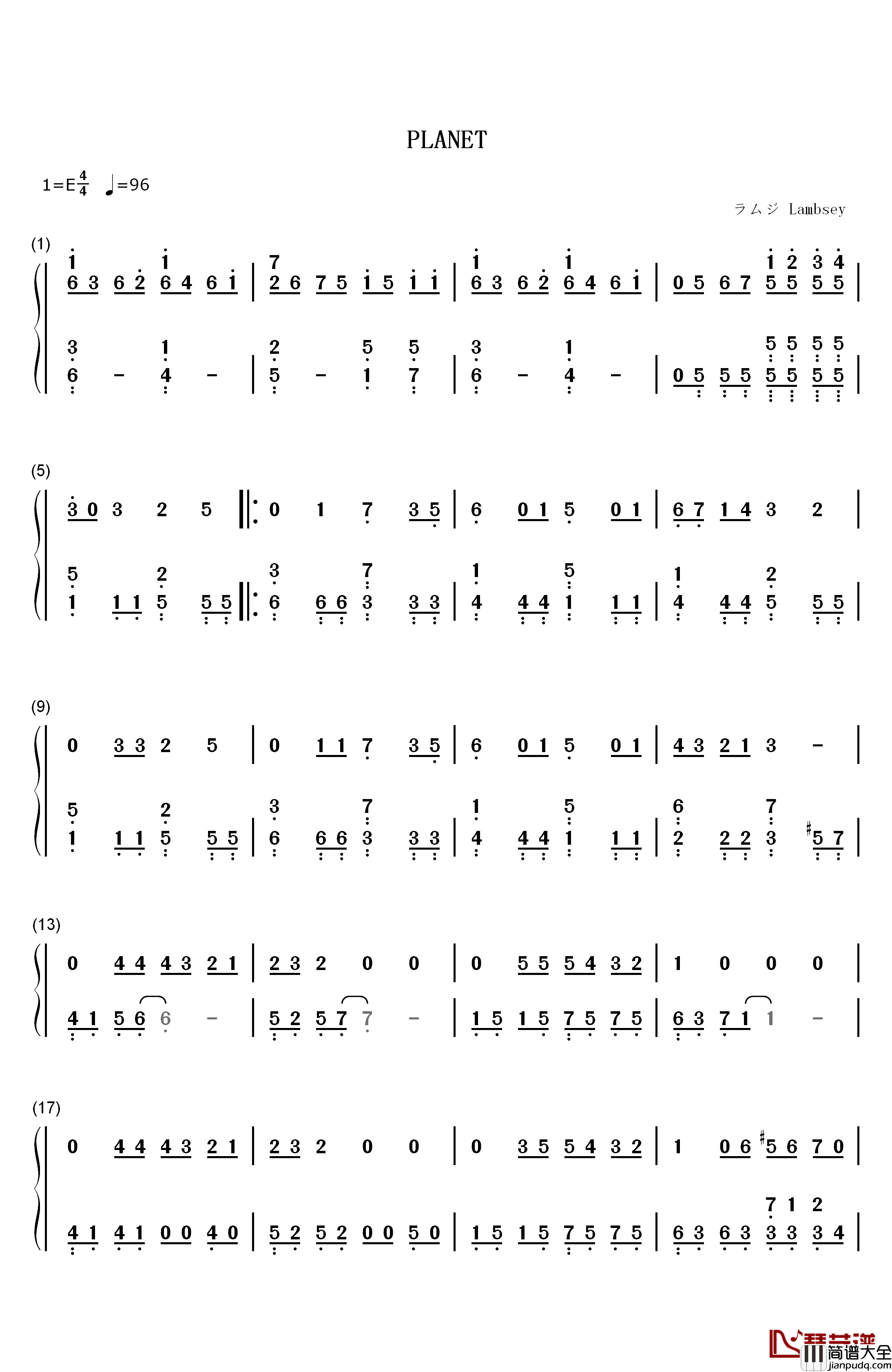 PLANET钢琴简谱_数字双手_ラムジ