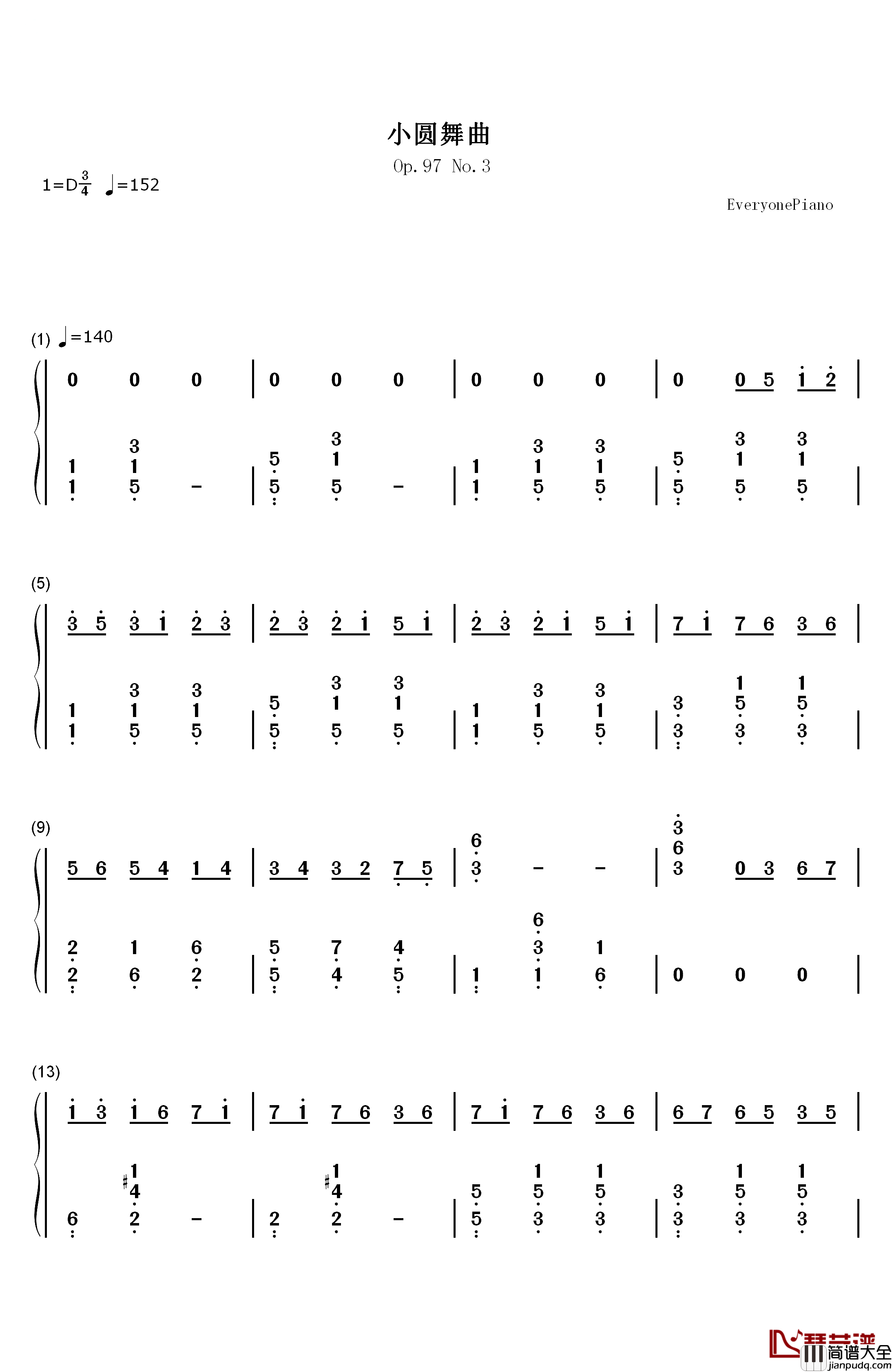 小圆舞曲钢琴简谱_数字双手_西贝柳斯