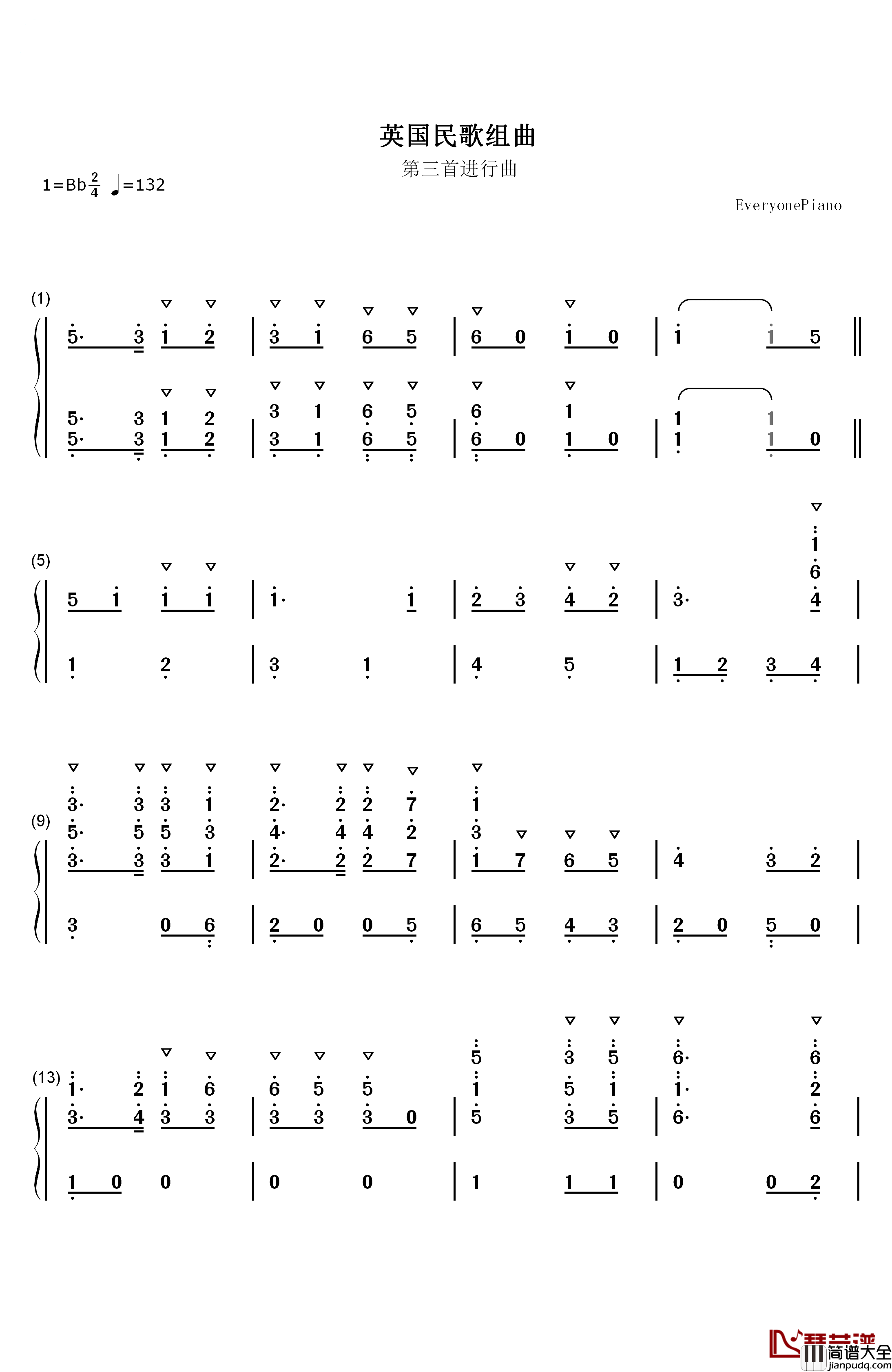 英国民歌组曲钢琴简谱_数字双手_沃恩·威廉斯
