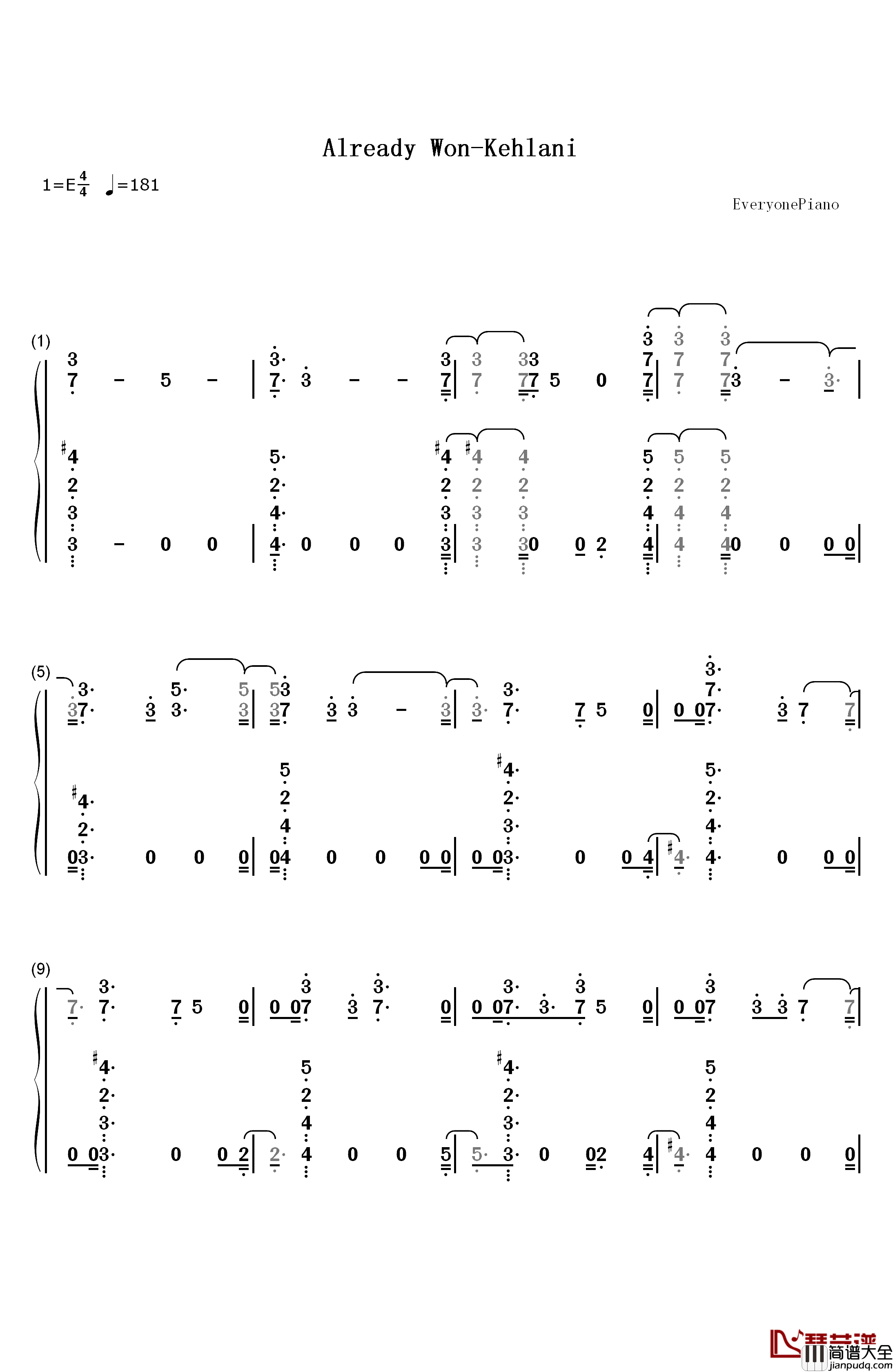 Already_Won钢琴简谱_数字双手_Kehlani