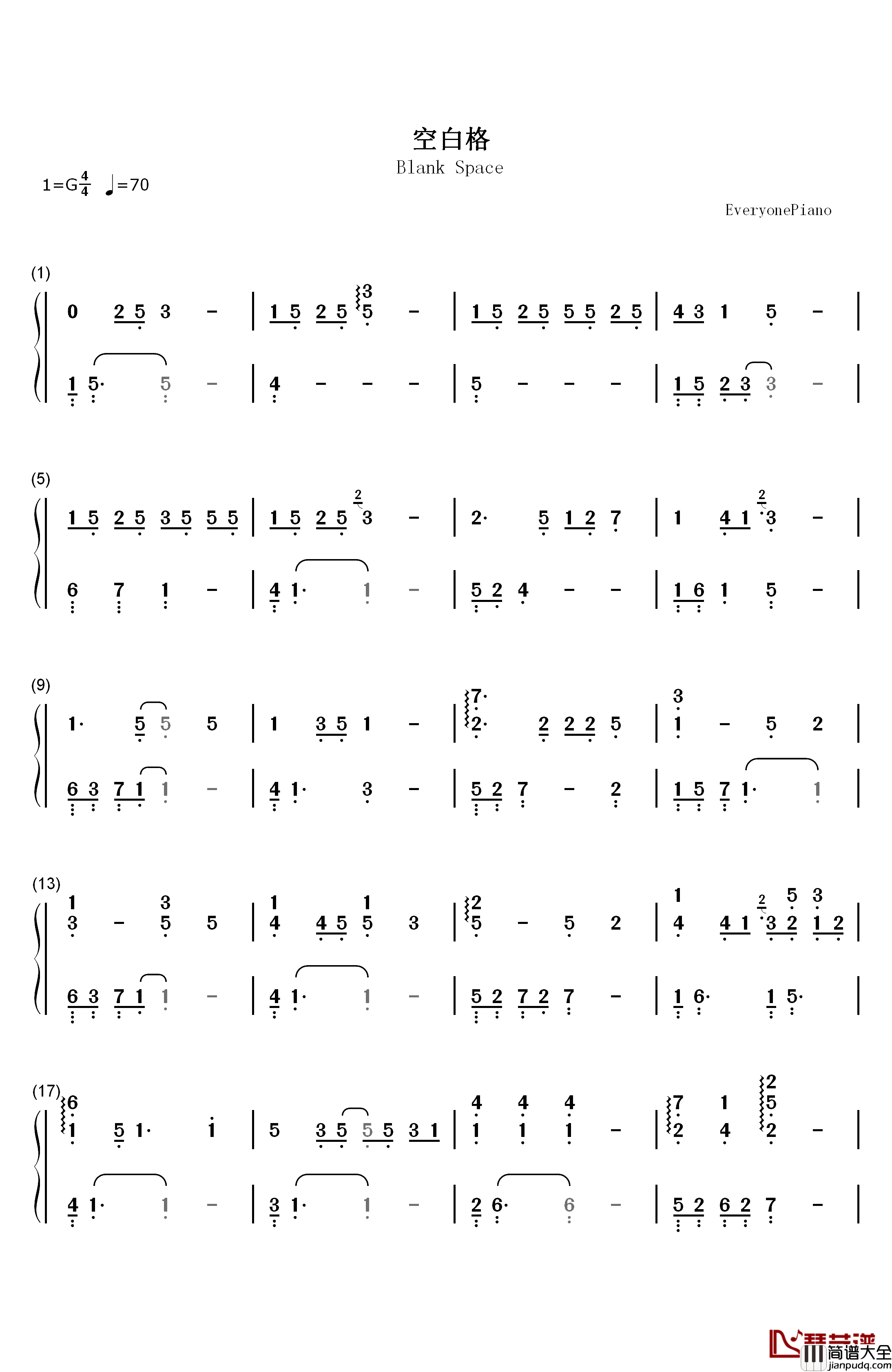 空白格钢琴伴奏钢琴简谱_数字双手_杨宗纬