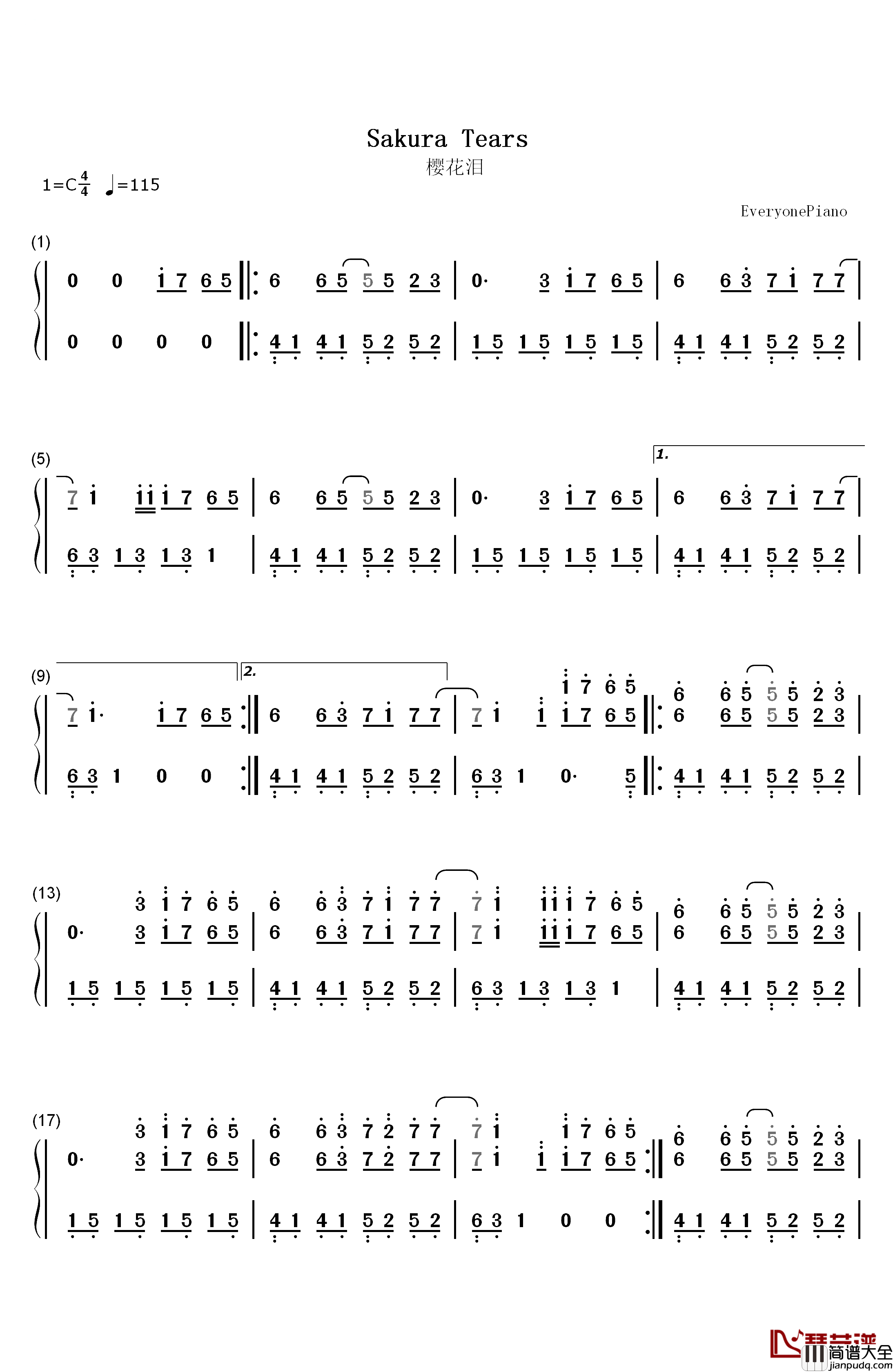 Sakura_Tears钢琴简谱_数字双手_Snigellin