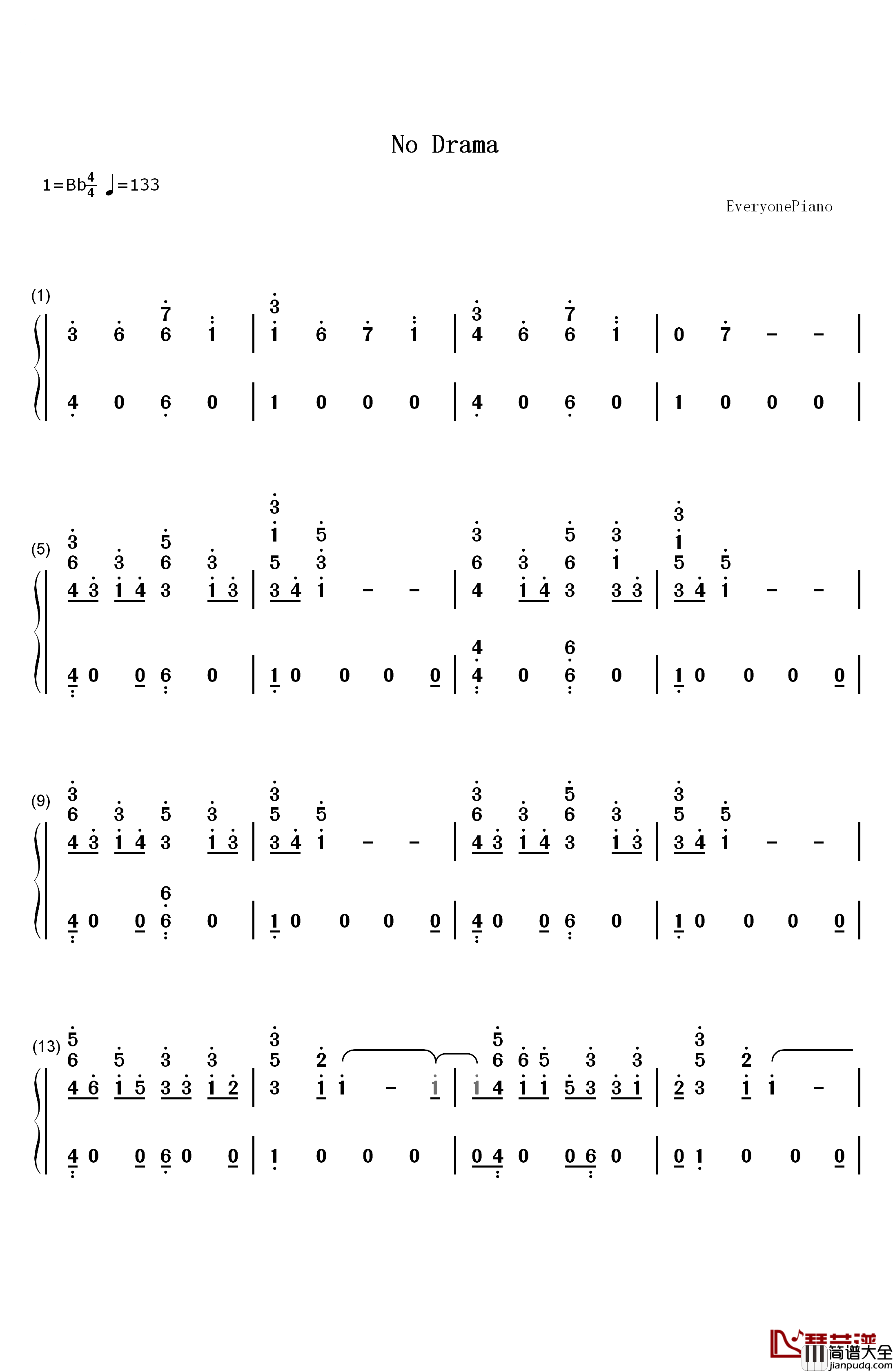 No_Drama钢琴简谱_数字双手_Tinashe