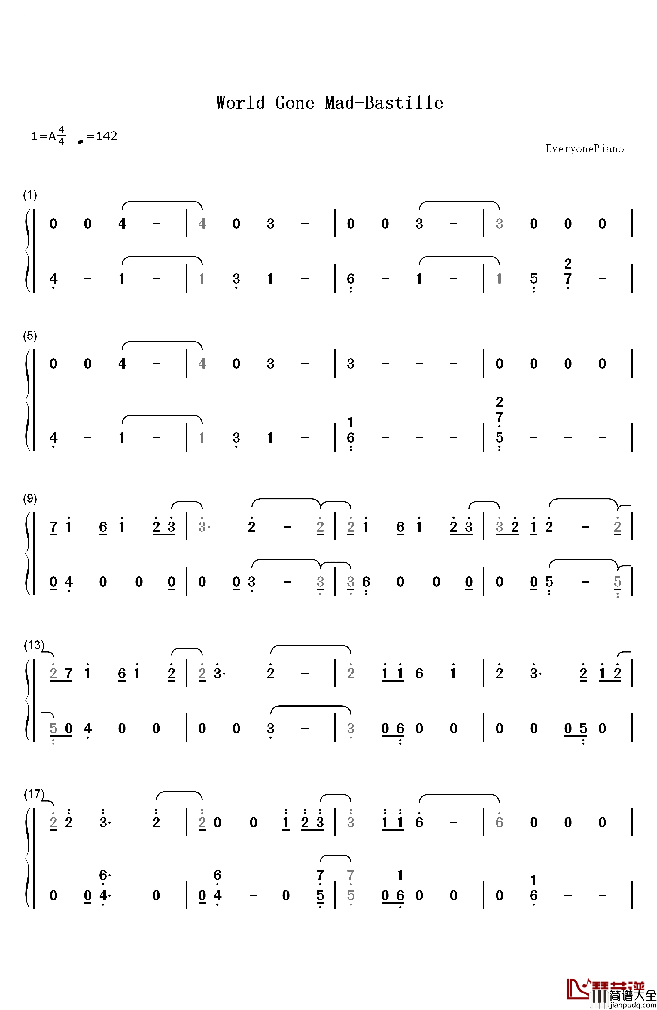 World_Gone_Mad钢琴简谱_数字双手_Bastille
