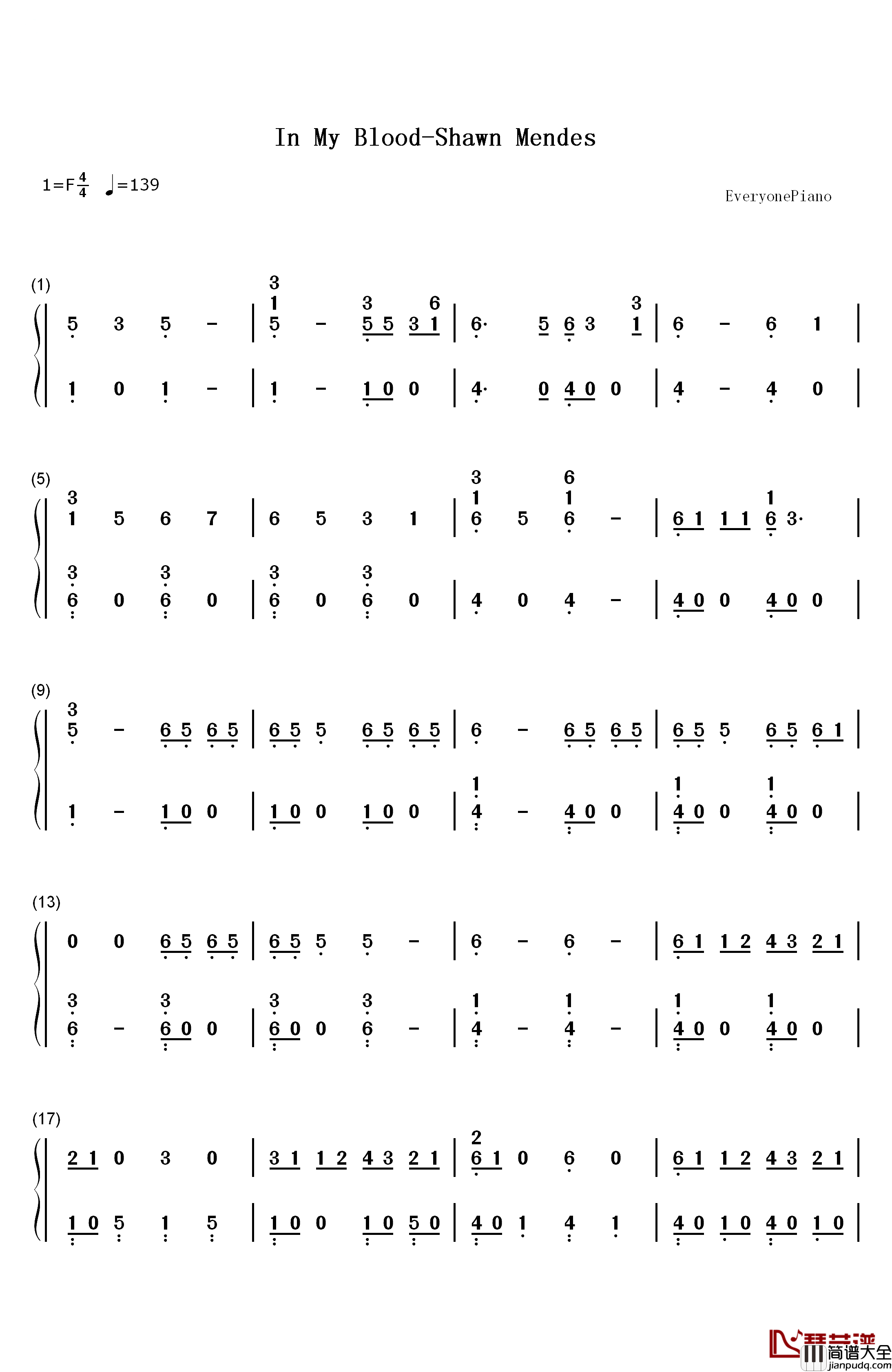 In_My_Blood钢琴简谱_数字双手_Shawn_Mendes