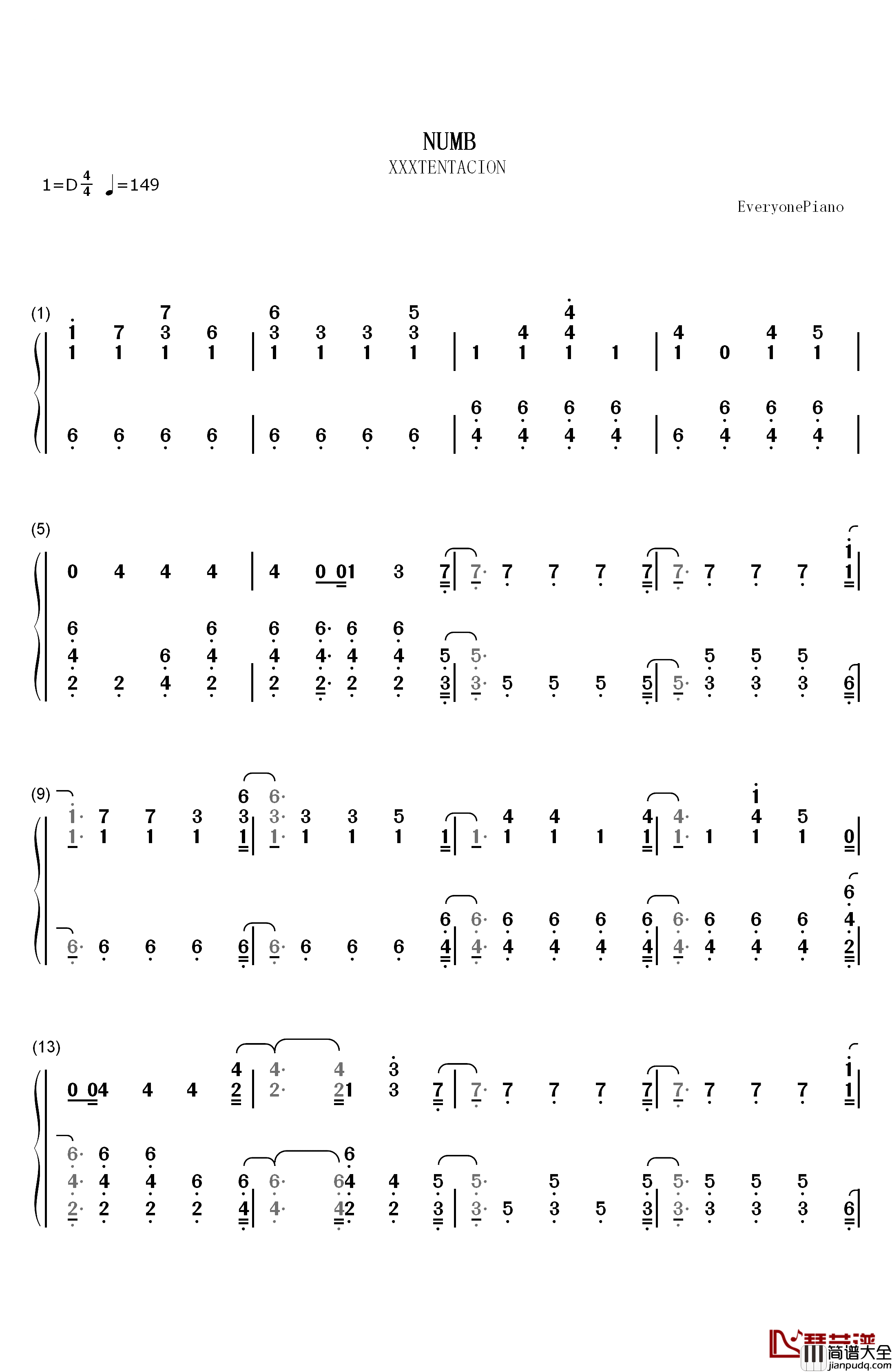 Numb钢琴简谱_数字双手_XXXTentacion