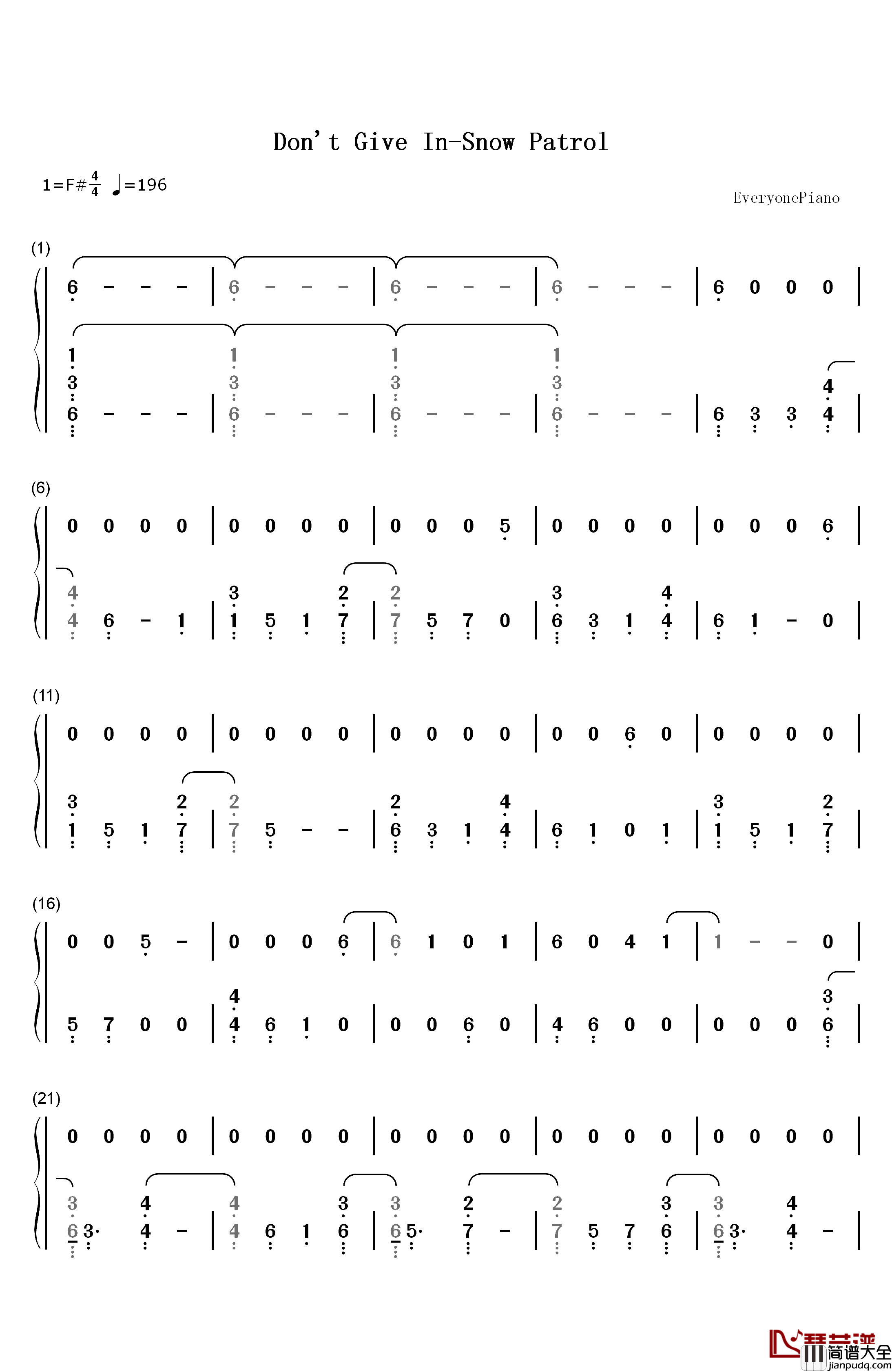 Don't_Give_In钢琴简谱_数字双手_Snow_Patrol