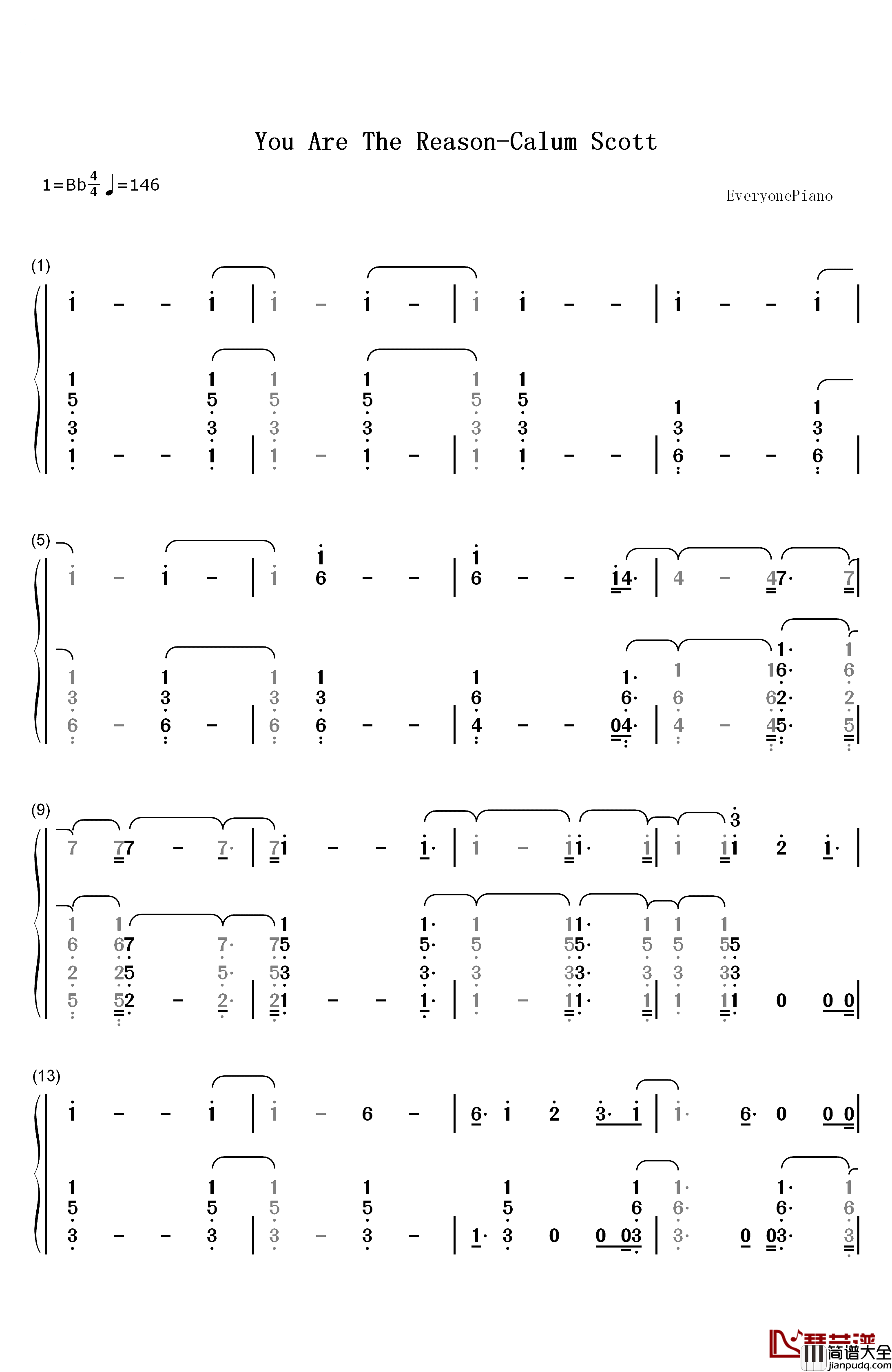 You_Are_The_Reason钢琴简谱_数字双手_Calum_Scott