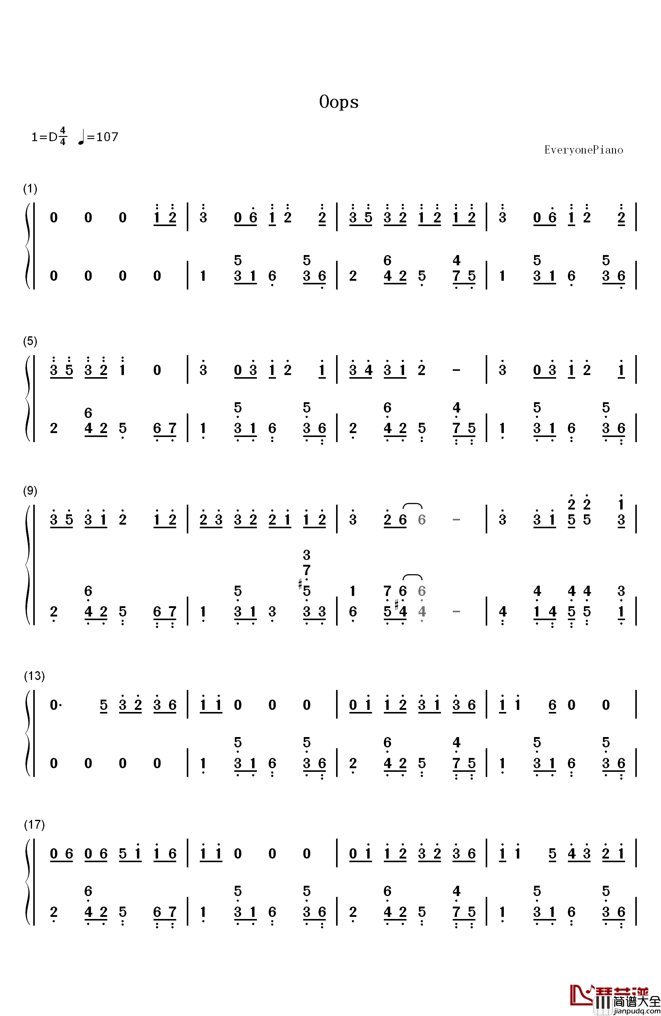 Oops钢琴简谱_数字双手_Little_Mix_Charlie_Puth