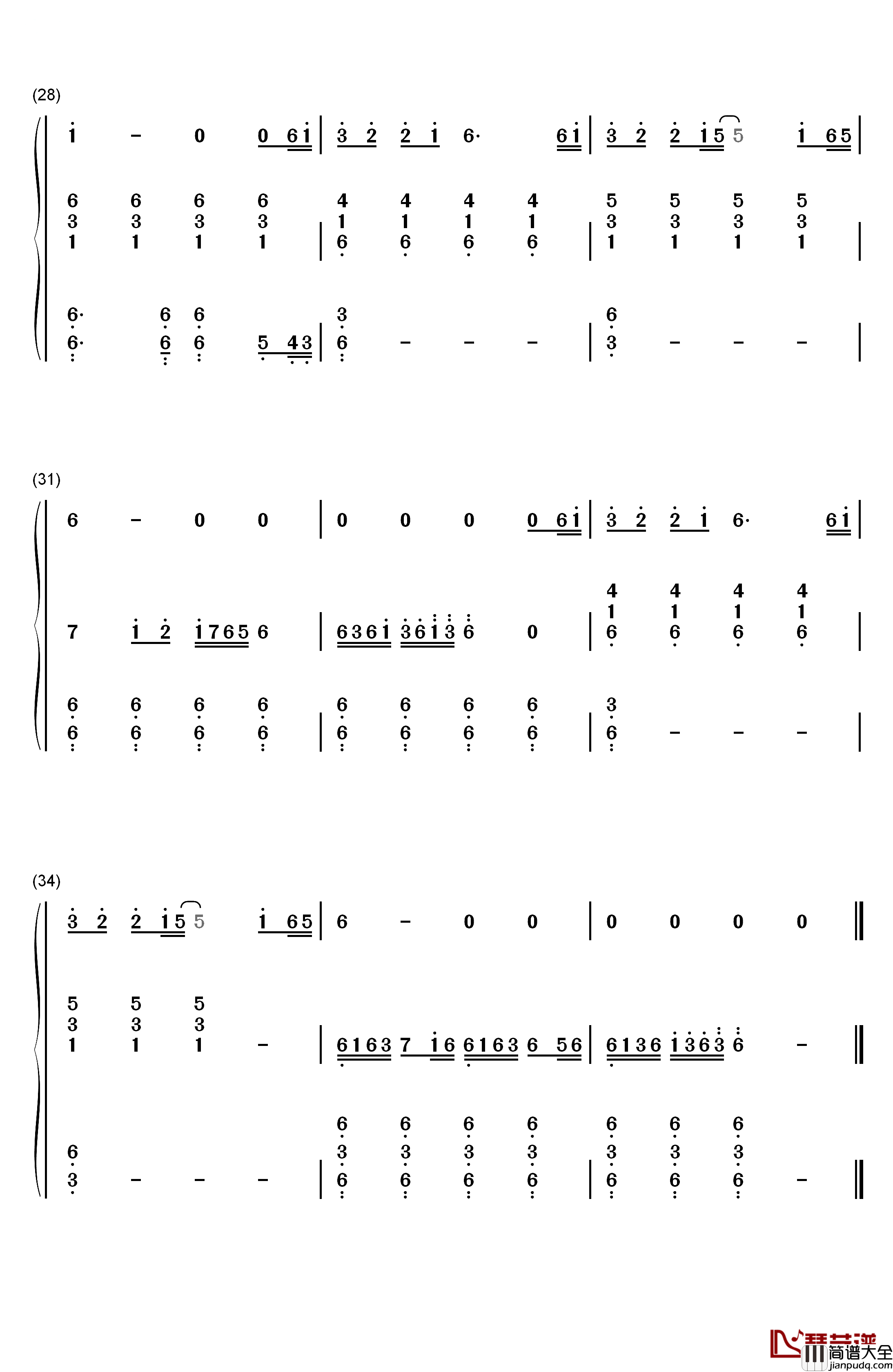 默钢琴简谱_数字双手_周杰伦