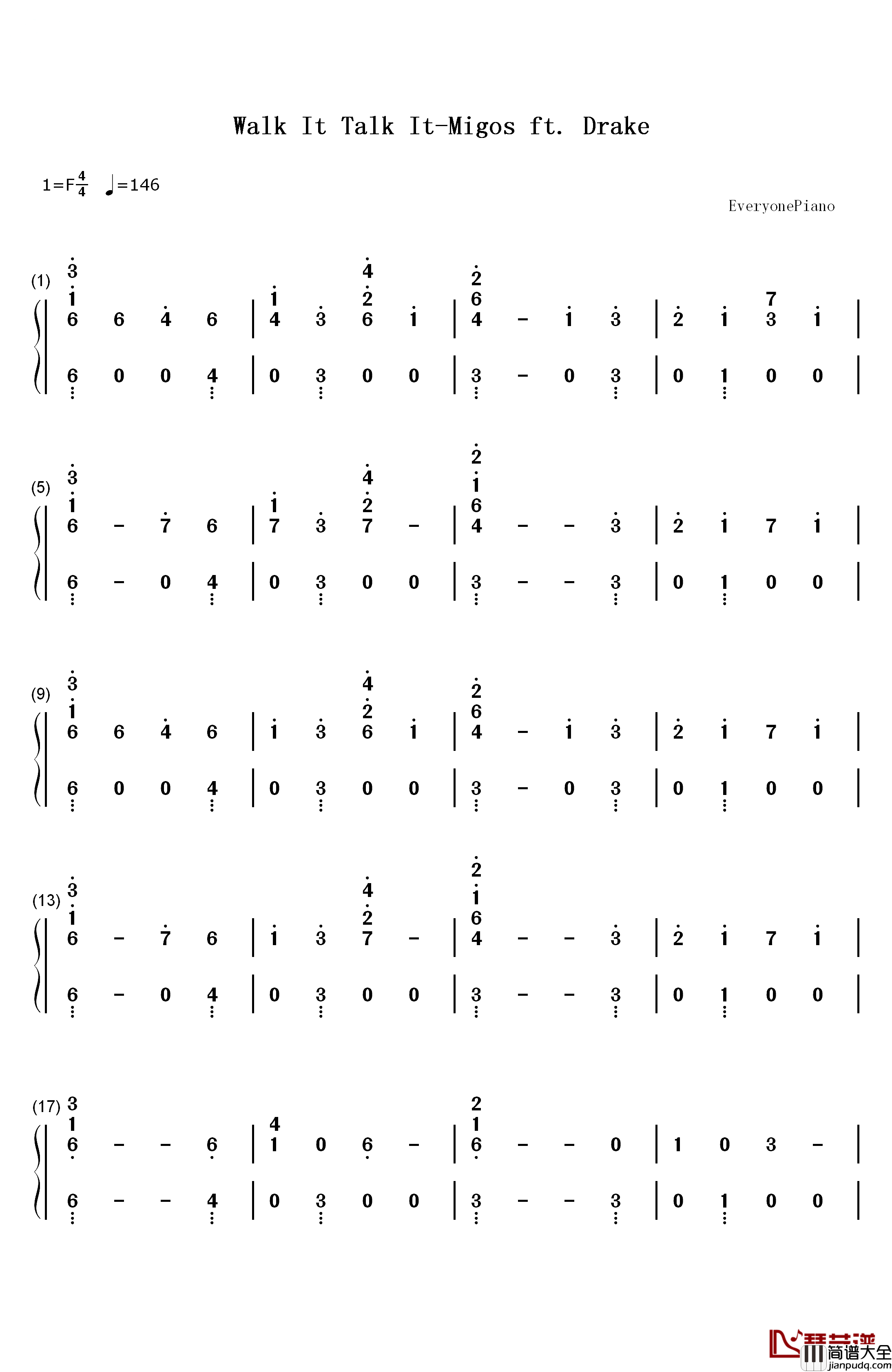 Walk_It_Talk_It钢琴简谱_数字双手_Migos_Drake