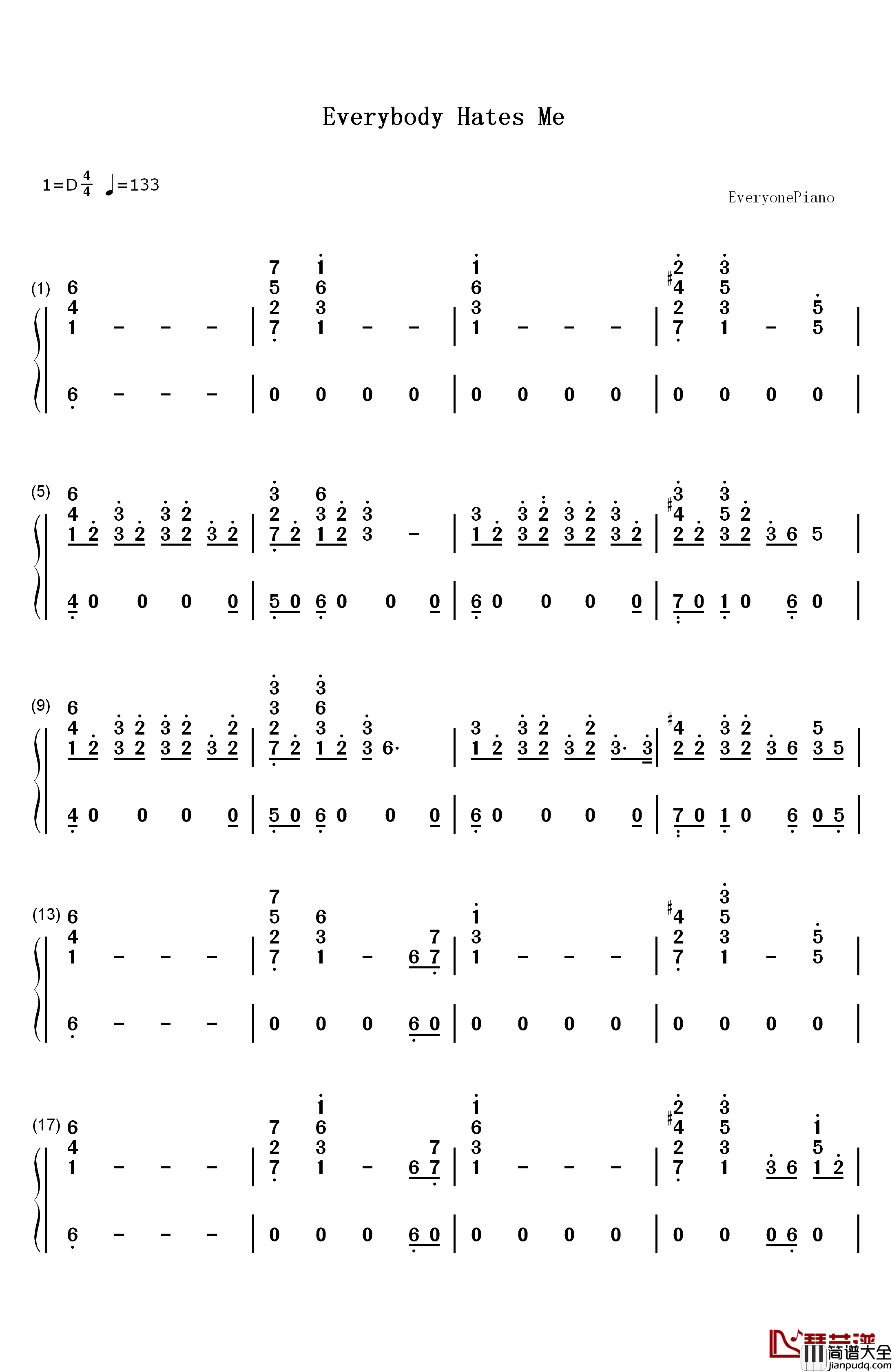 Everybody_Hates_Me钢琴简谱_数字双手_The_Chainsmokers