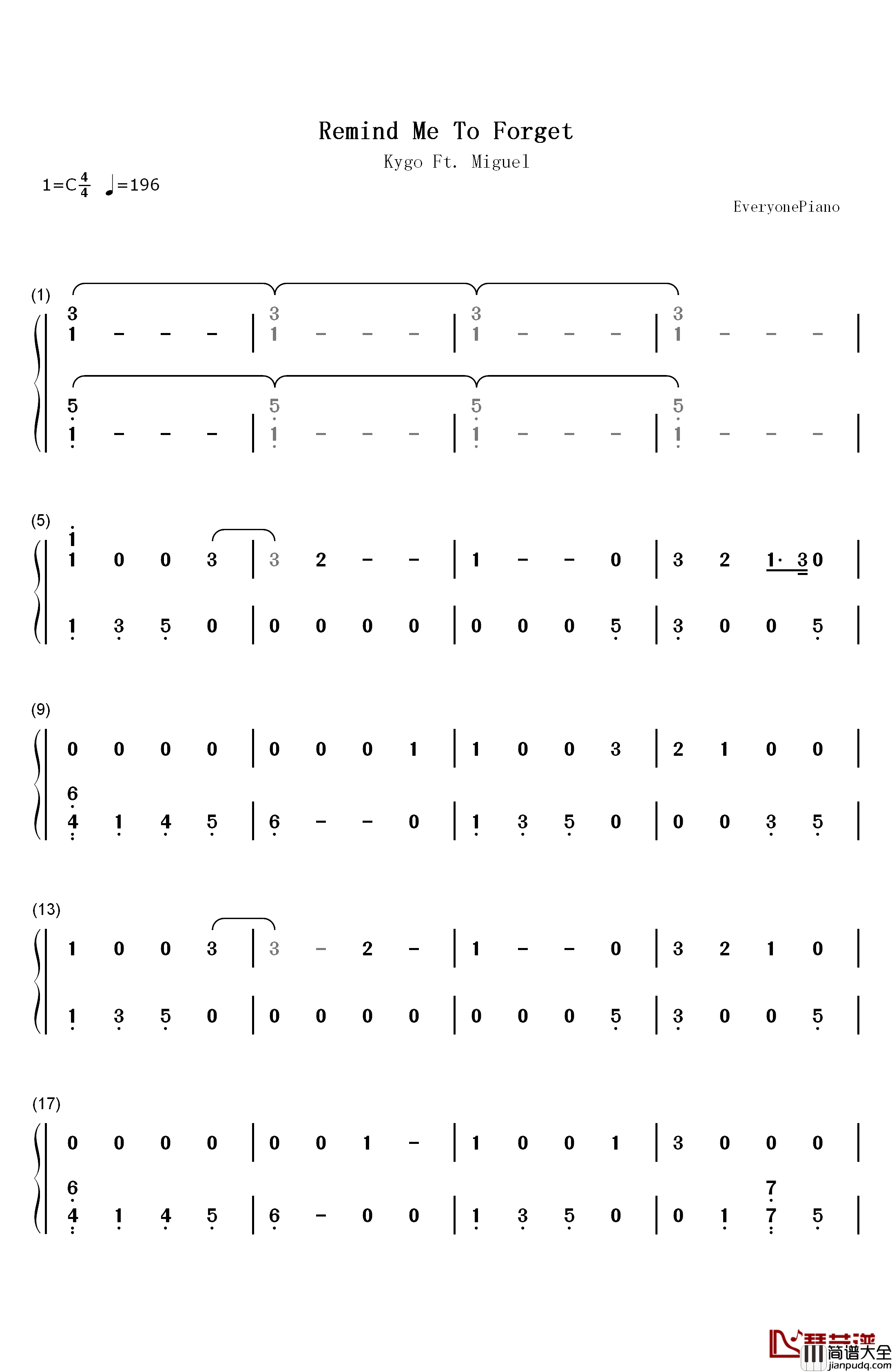 Remind_Me_To_Forget钢琴简谱_数字双手_Kygo_Miguel