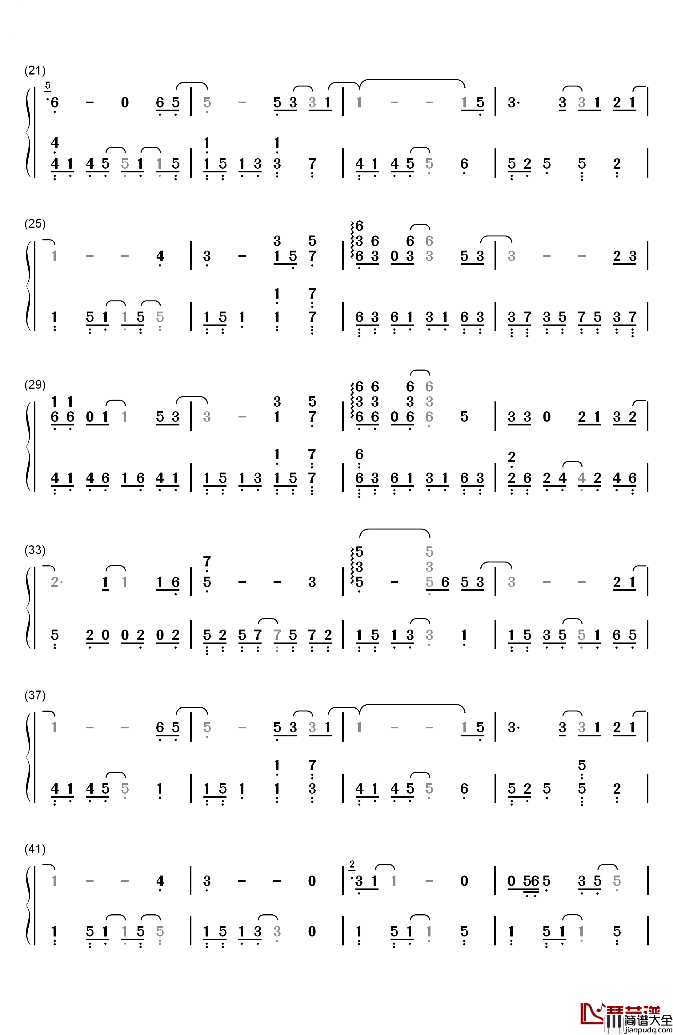 再见钢琴简谱_数字双手_王俊凯