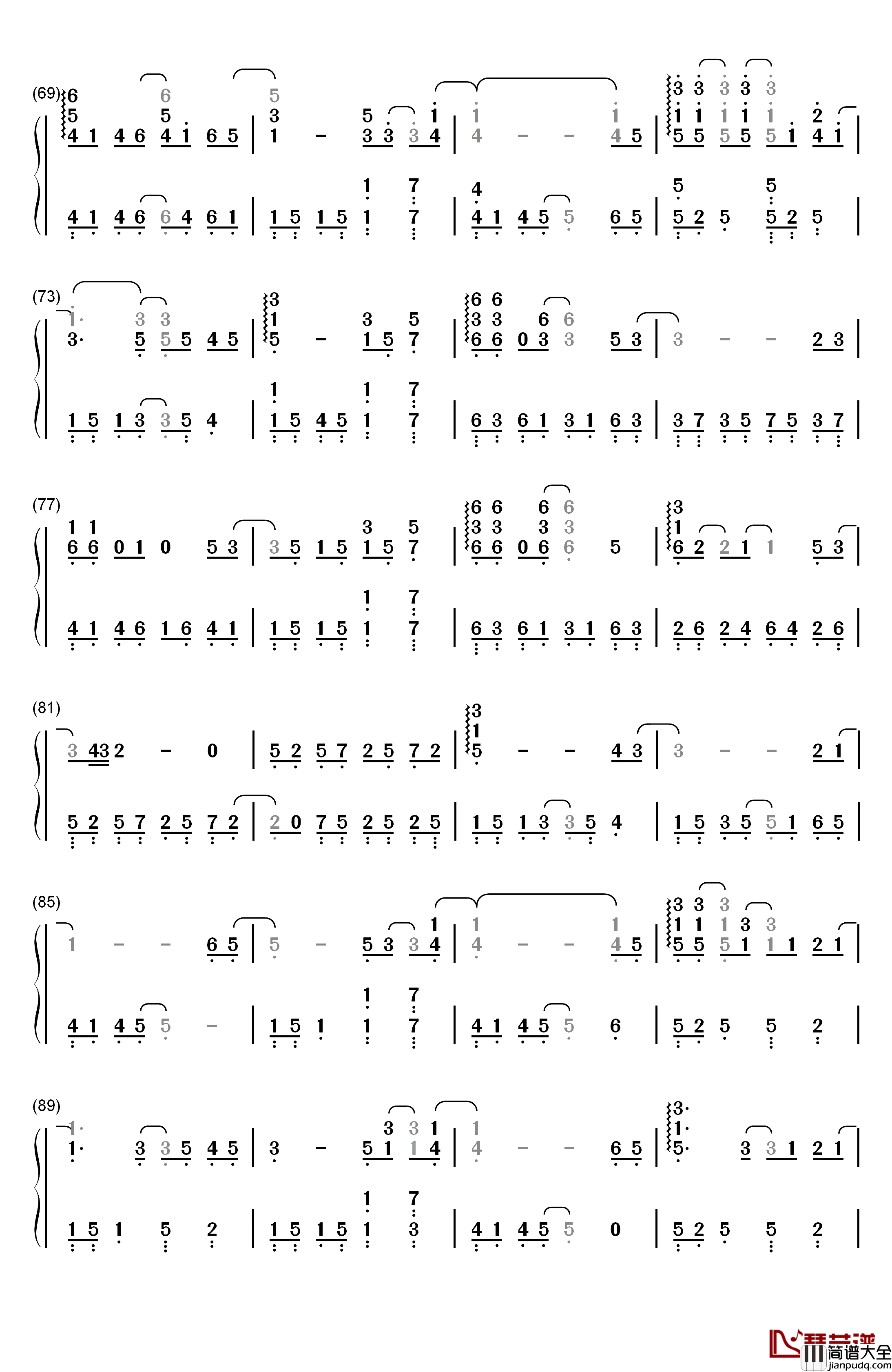 再见钢琴简谱_数字双手_王俊凯