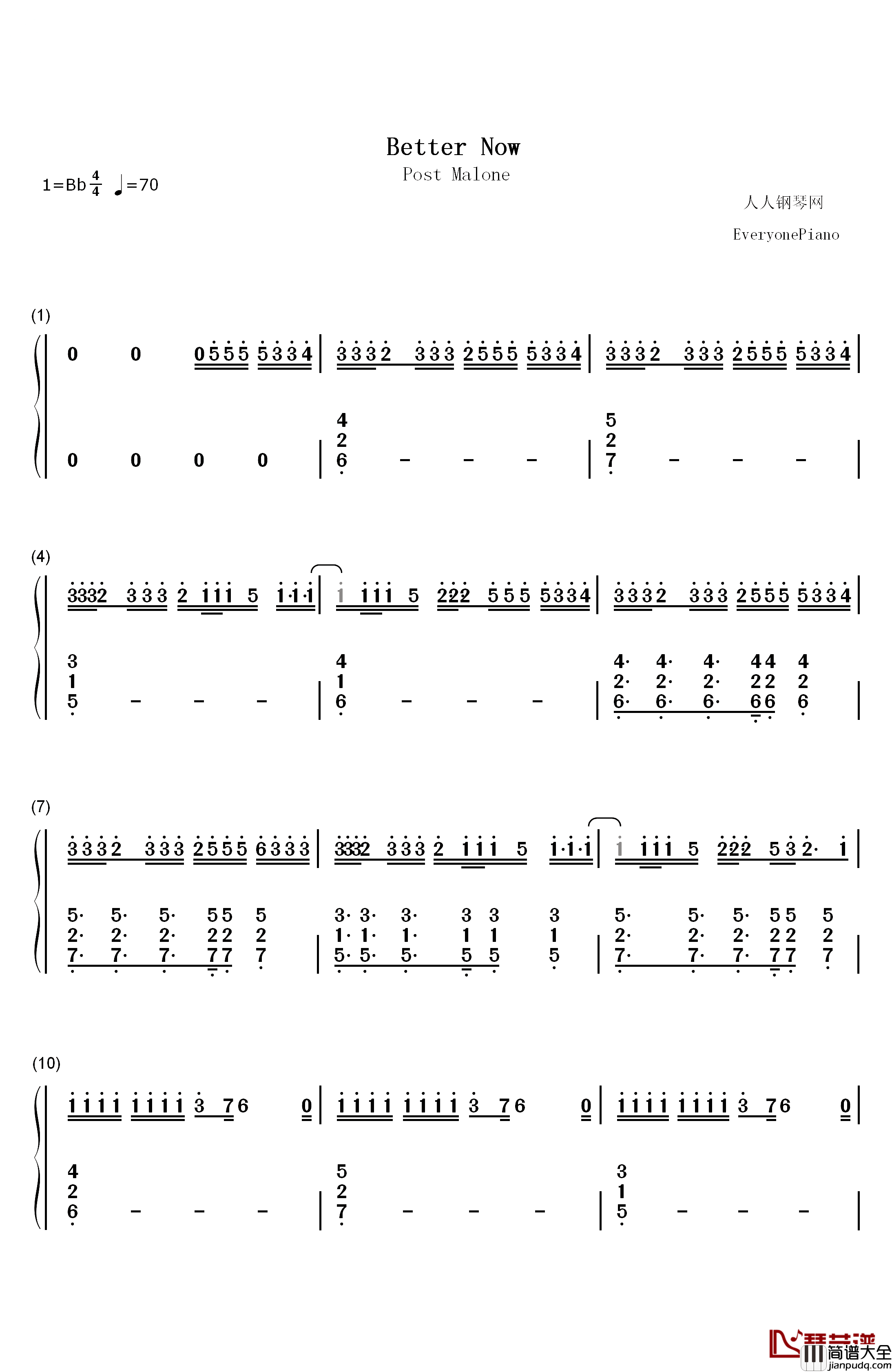 Better_Now钢琴简谱_数字双手_Post_Malone