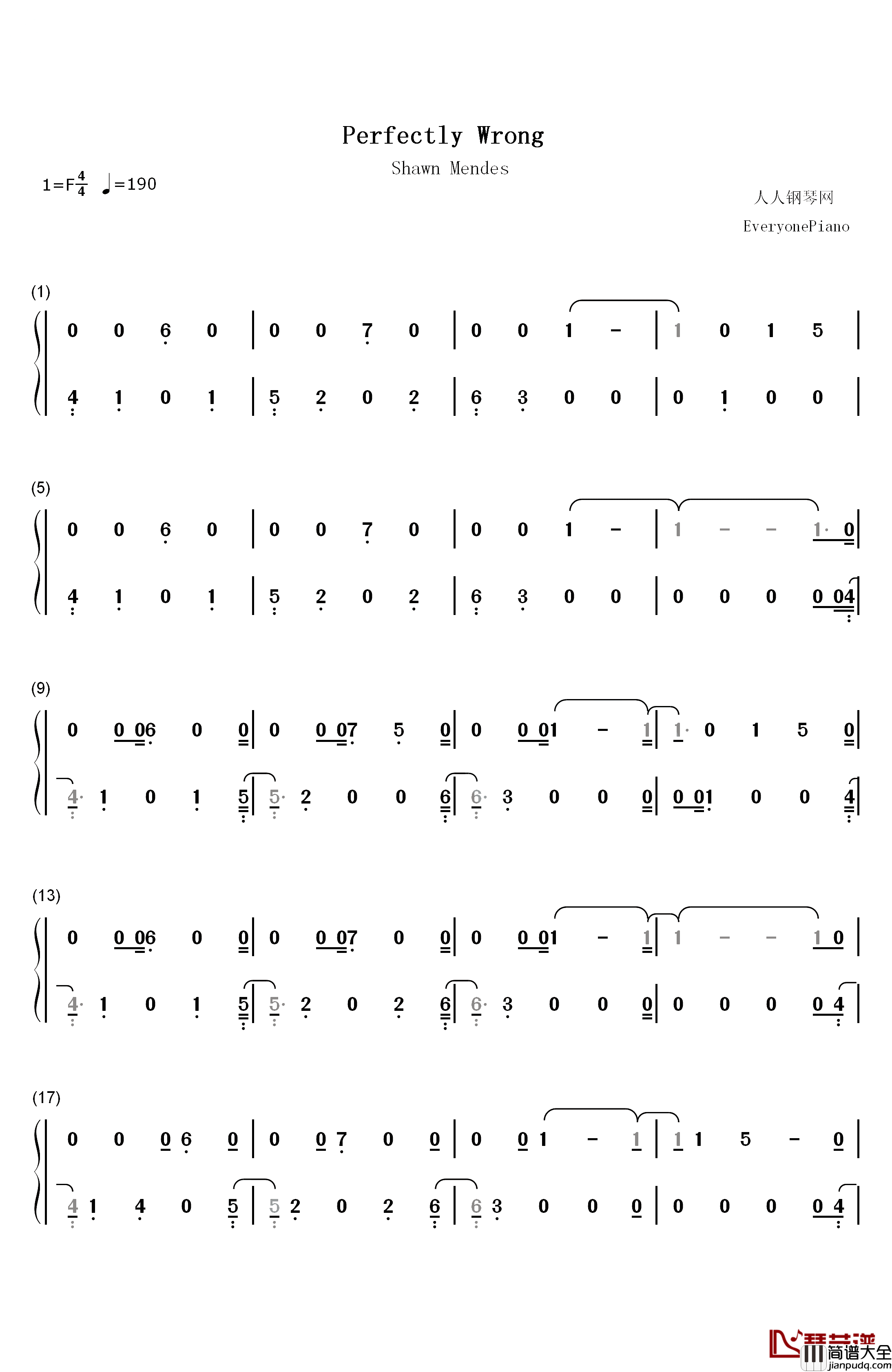 Perfectly_Wrong钢琴简谱_数字双手_Shawn_Mendes