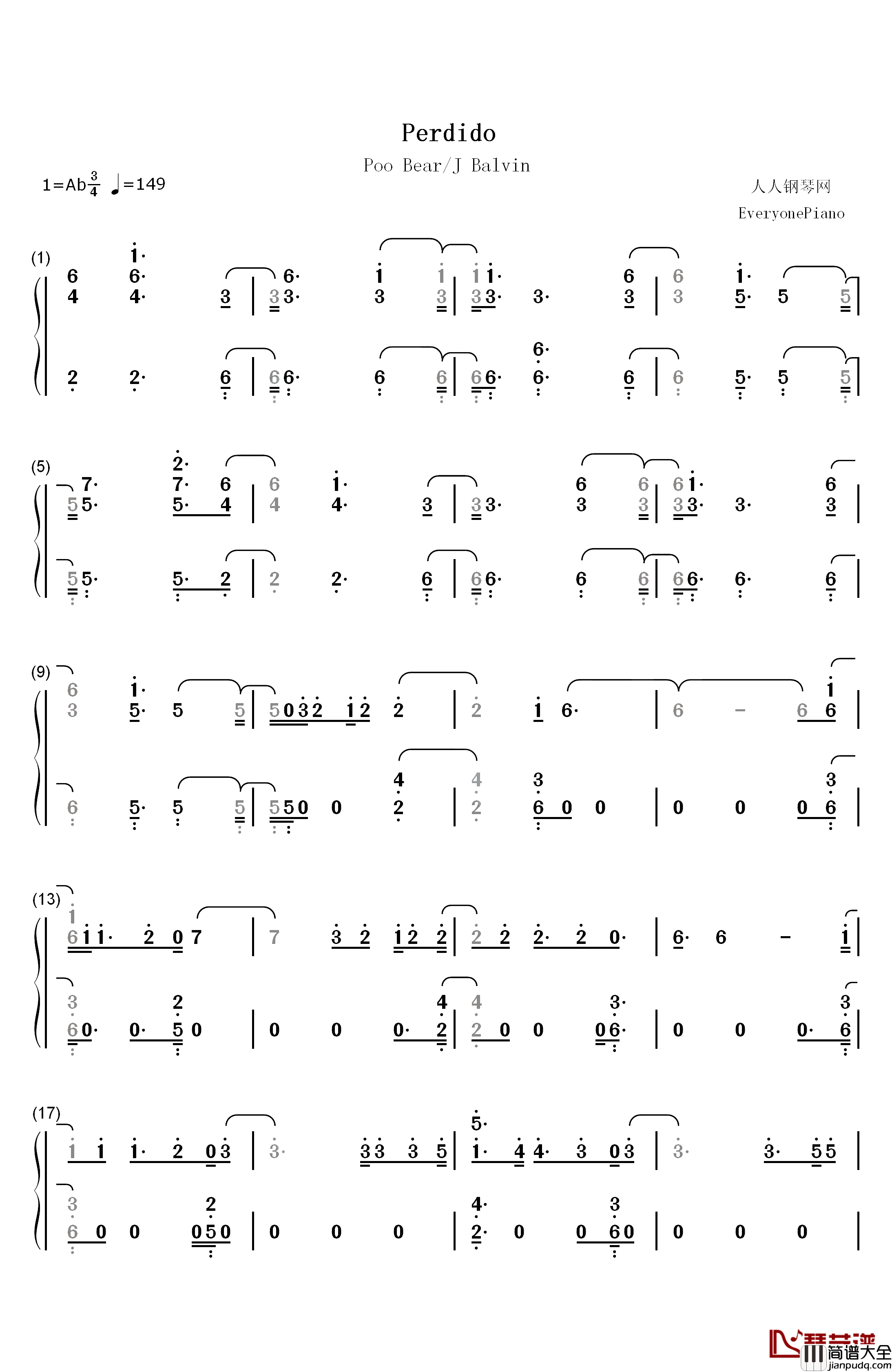 Perdido钢琴简谱_数字双手_Poo_Bear_J_Balvin