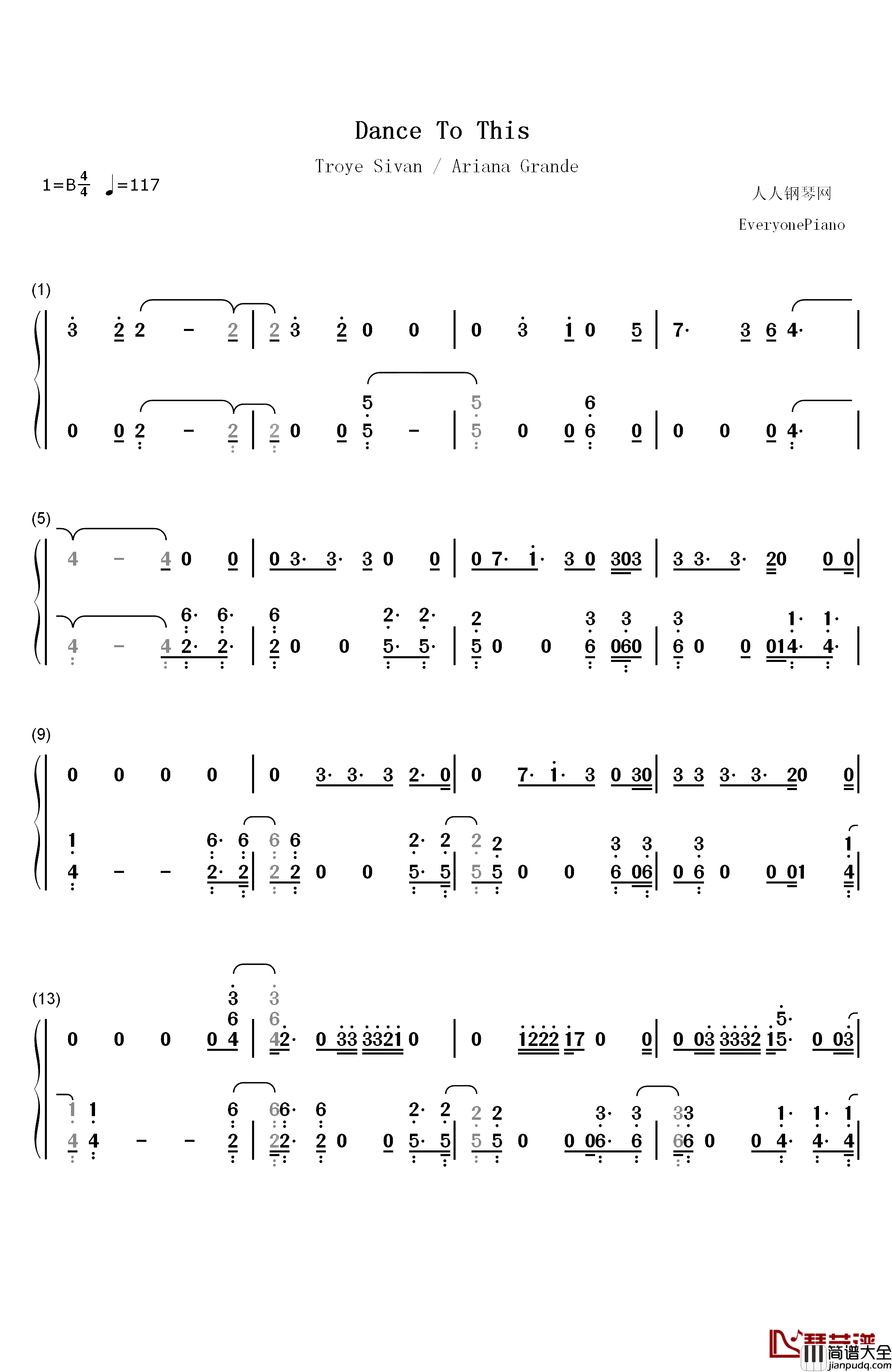 Dance_To_This钢琴简谱_数字双手_Troye_Sivan_Ariana_Grande