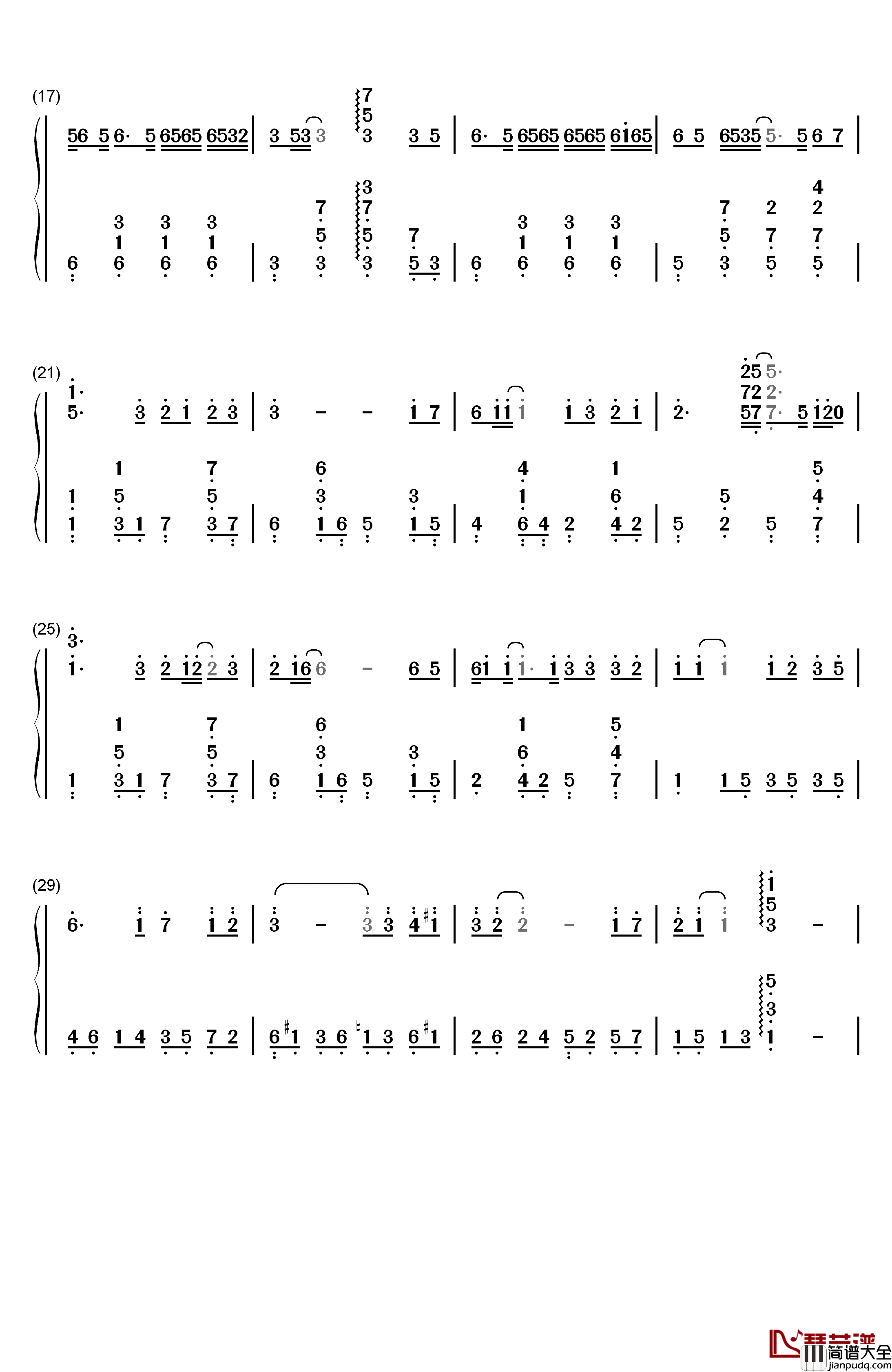 遥远的她钢琴简谱_数字双手_张学友