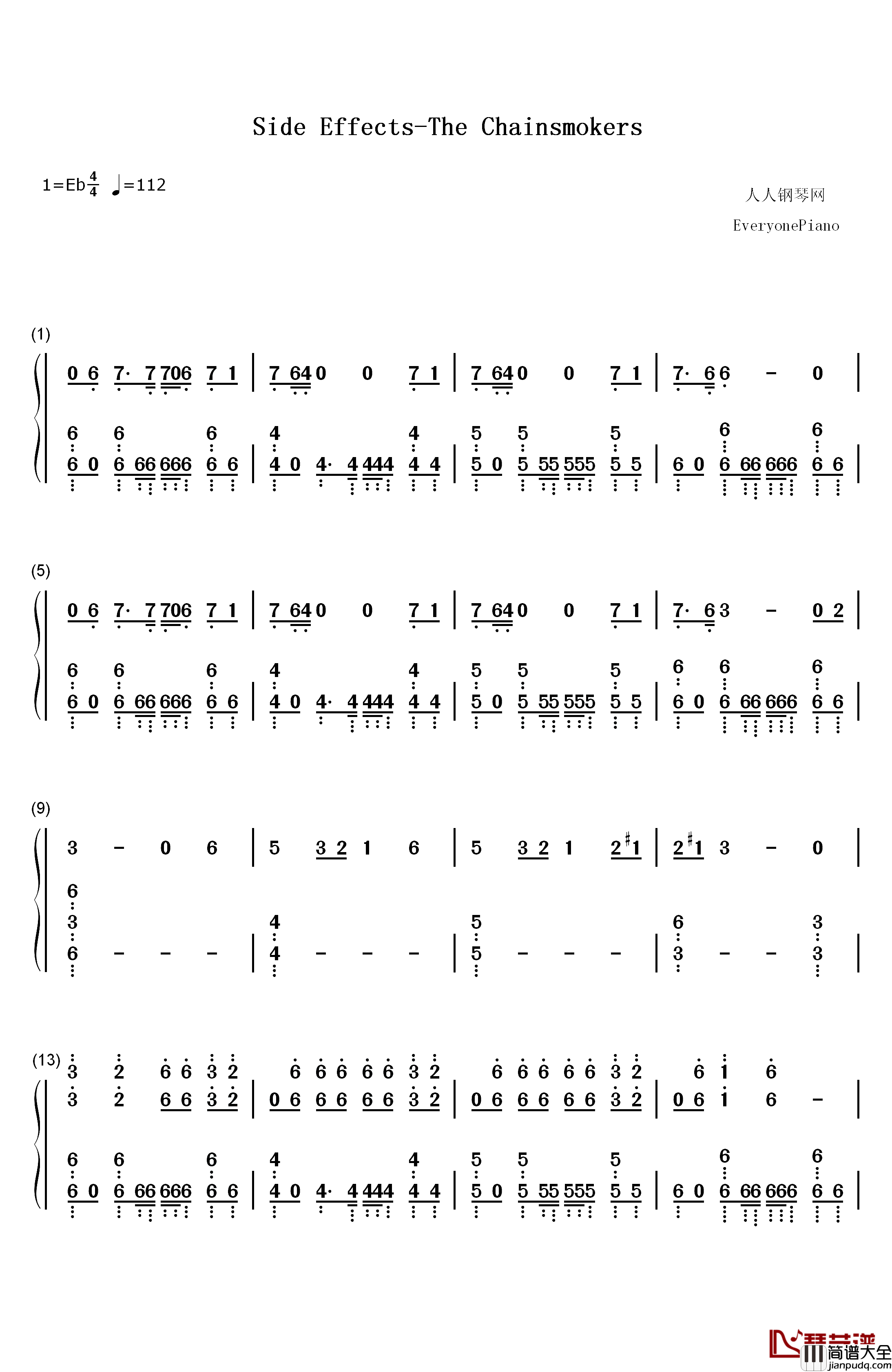 Side_Effects钢琴简谱_数字双手_The_Chainsmokers_Emily_Warren