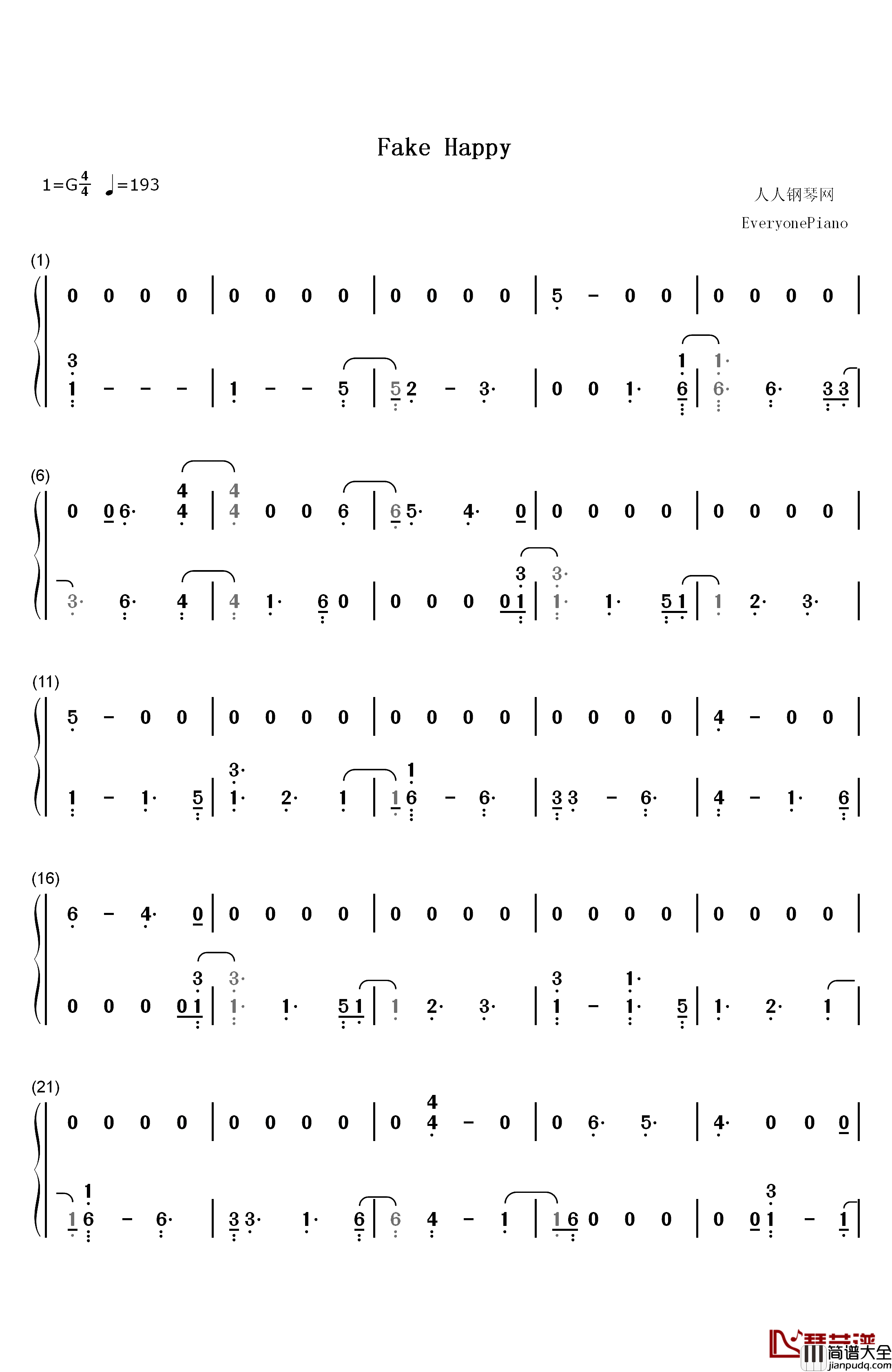 Fake_Happy钢琴简谱_数字双手_Paramore