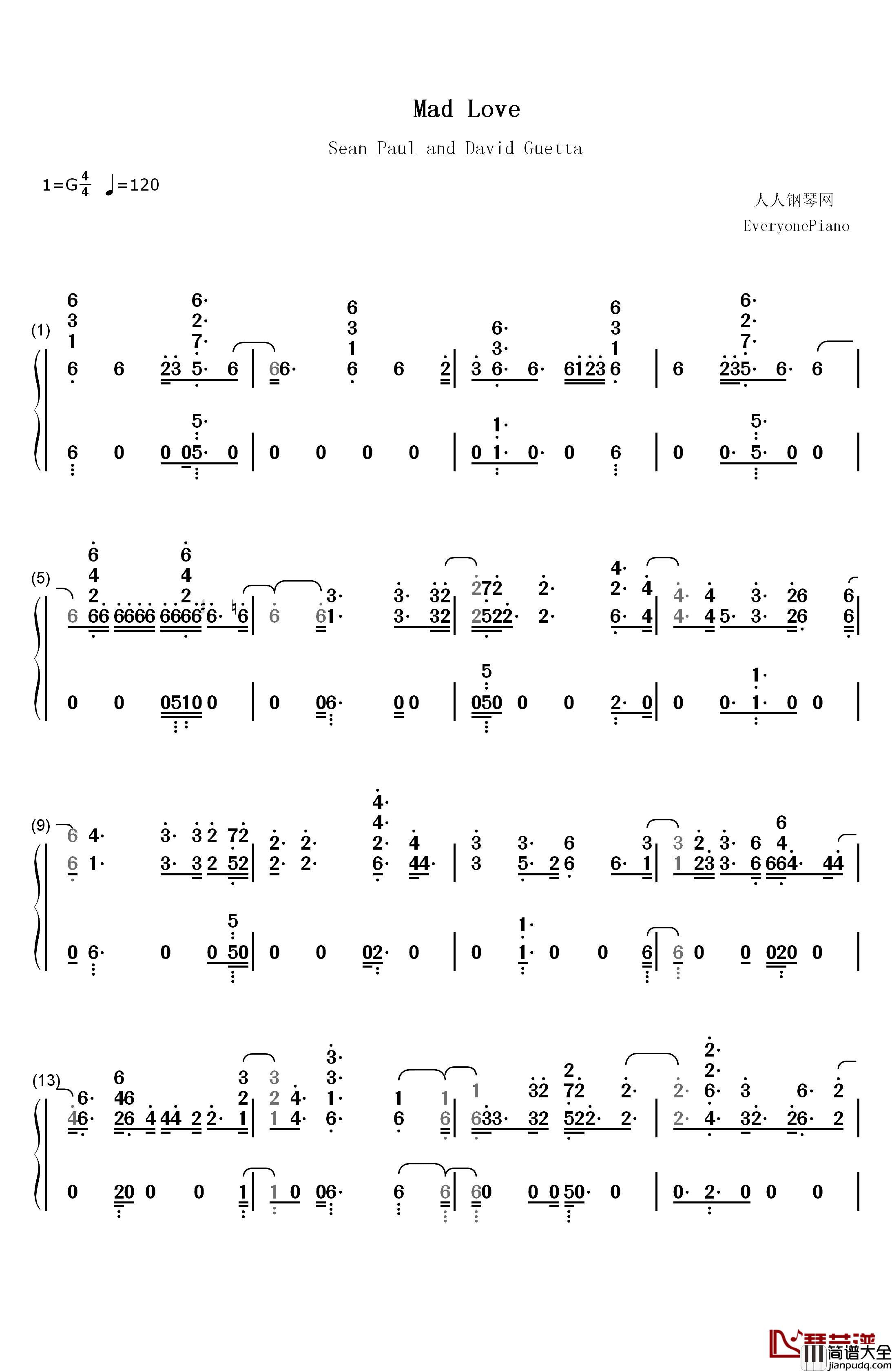 Mad_Love钢琴简谱_数字双手_Sean_Paul_David_Guetta_Becky_G