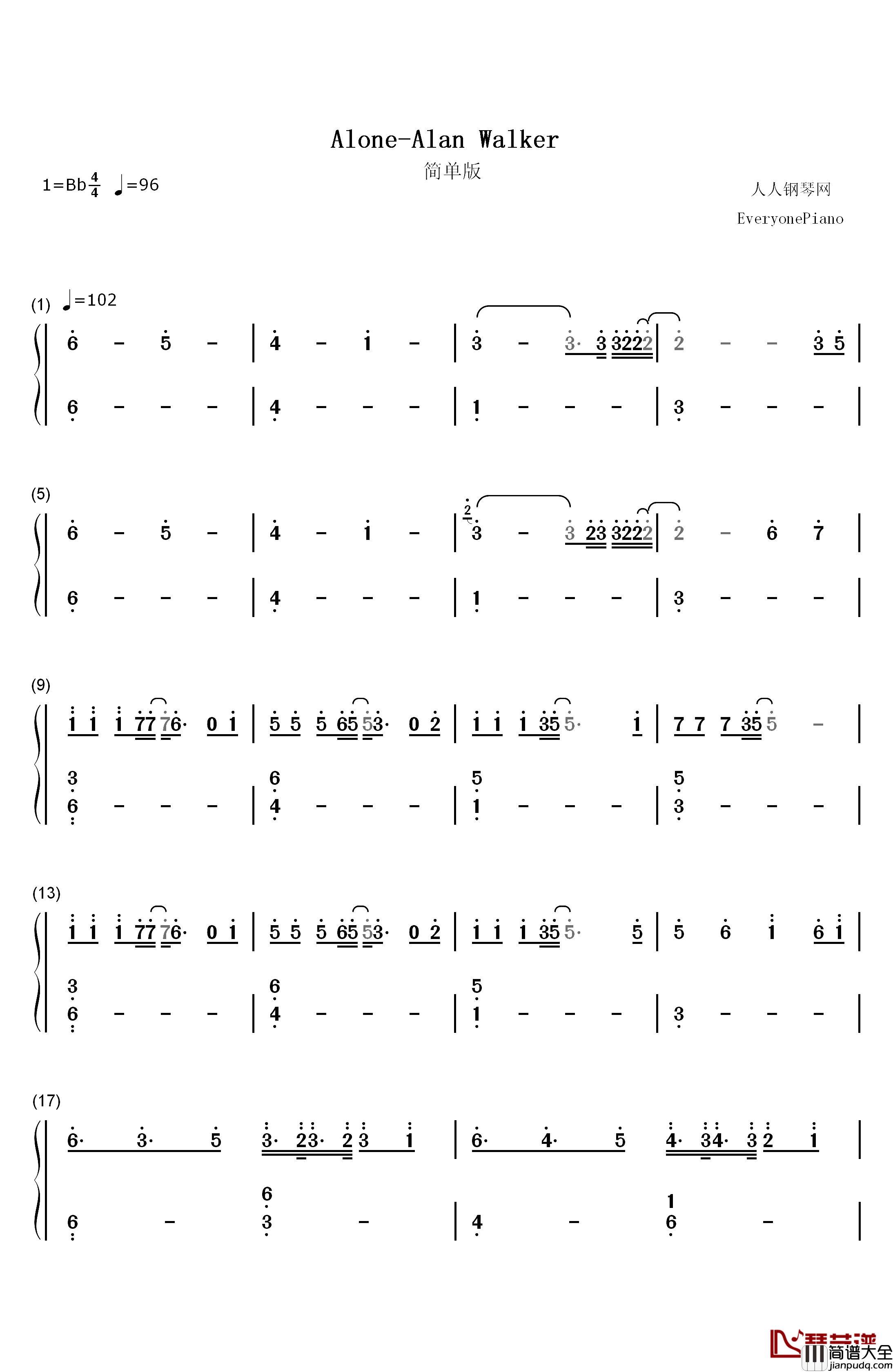 Alone简单版钢琴简谱_数字双手_Alan_Walker