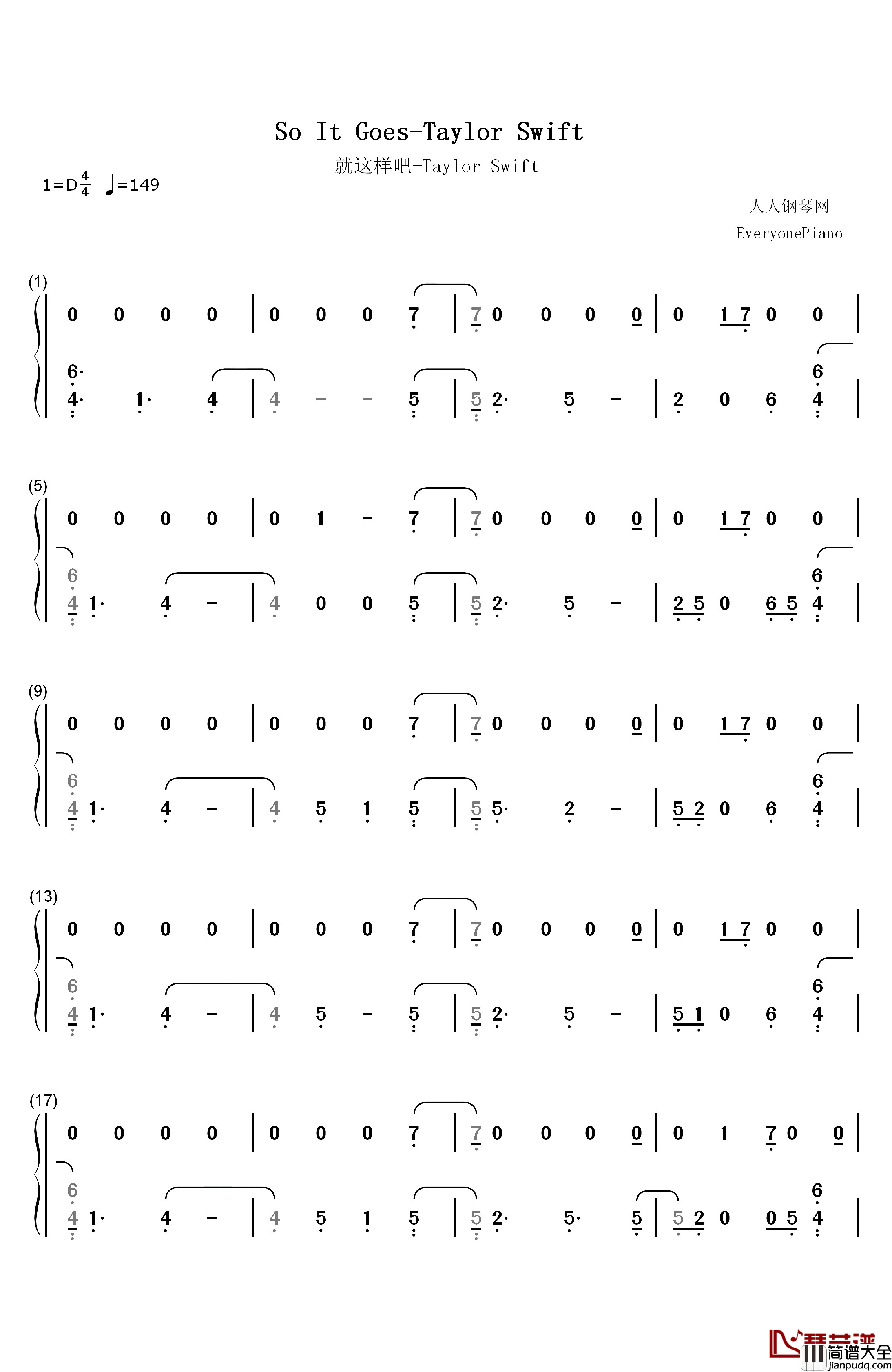 So_It_Goes…钢琴简谱_数字双手_Taylor_Swift