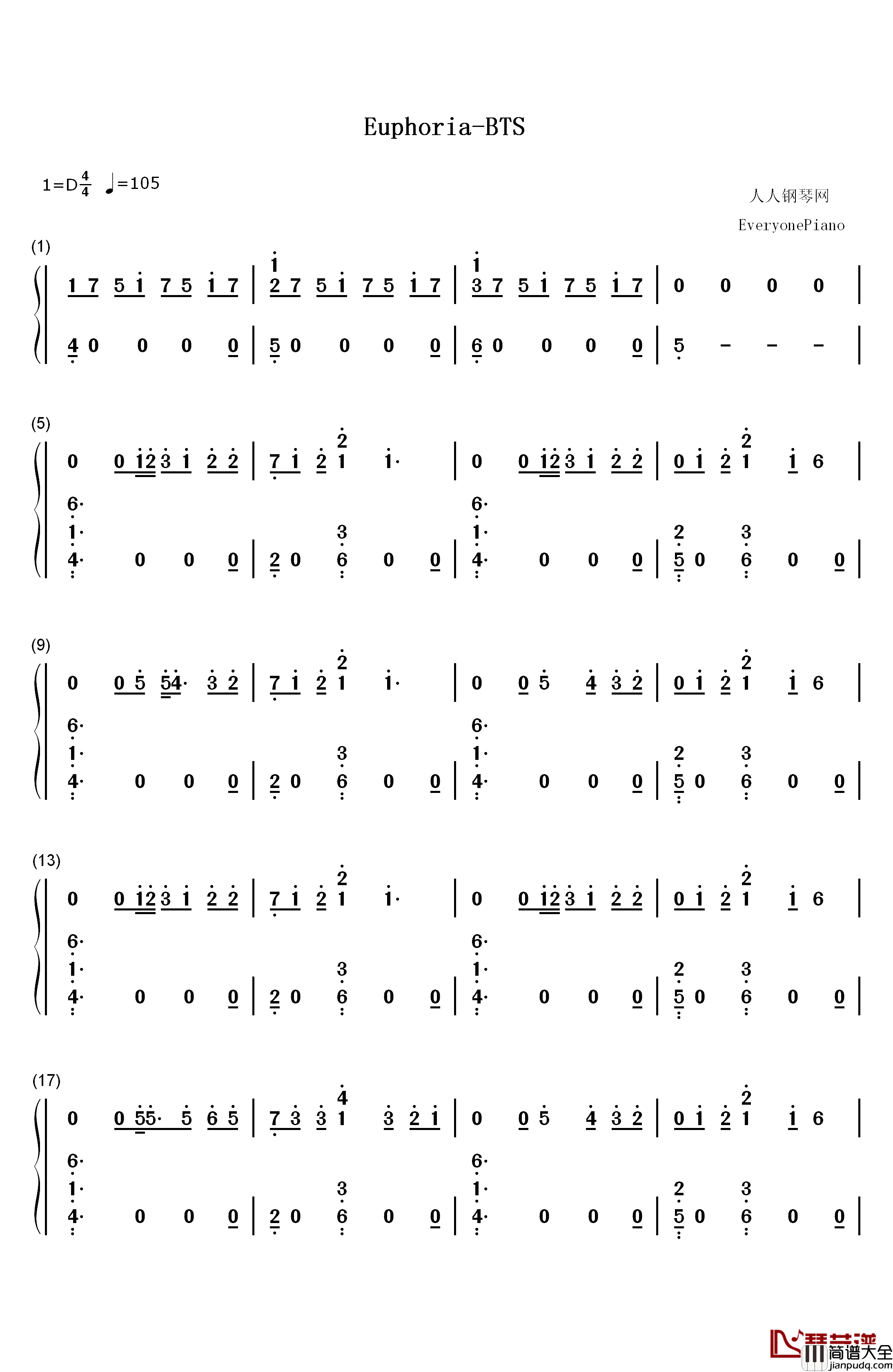 Euphoria钢琴简谱_数字双手_防弹少年团