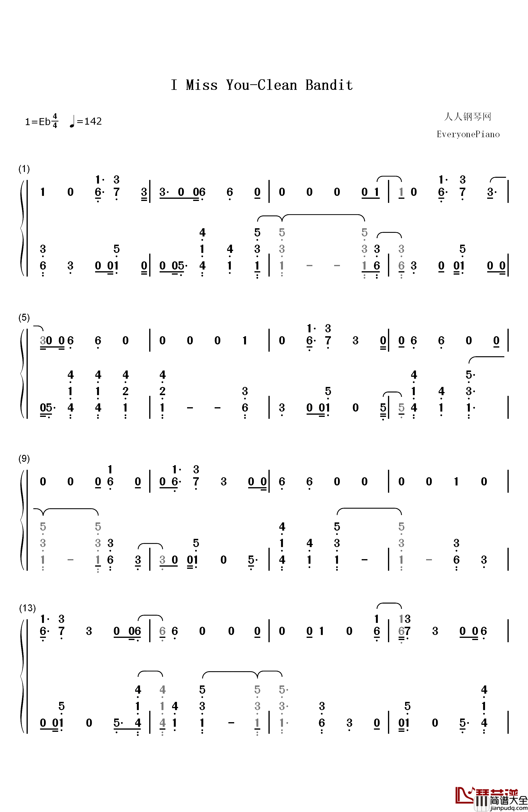 I_Miss_You钢琴简谱_数字双手_Clean_Bandit