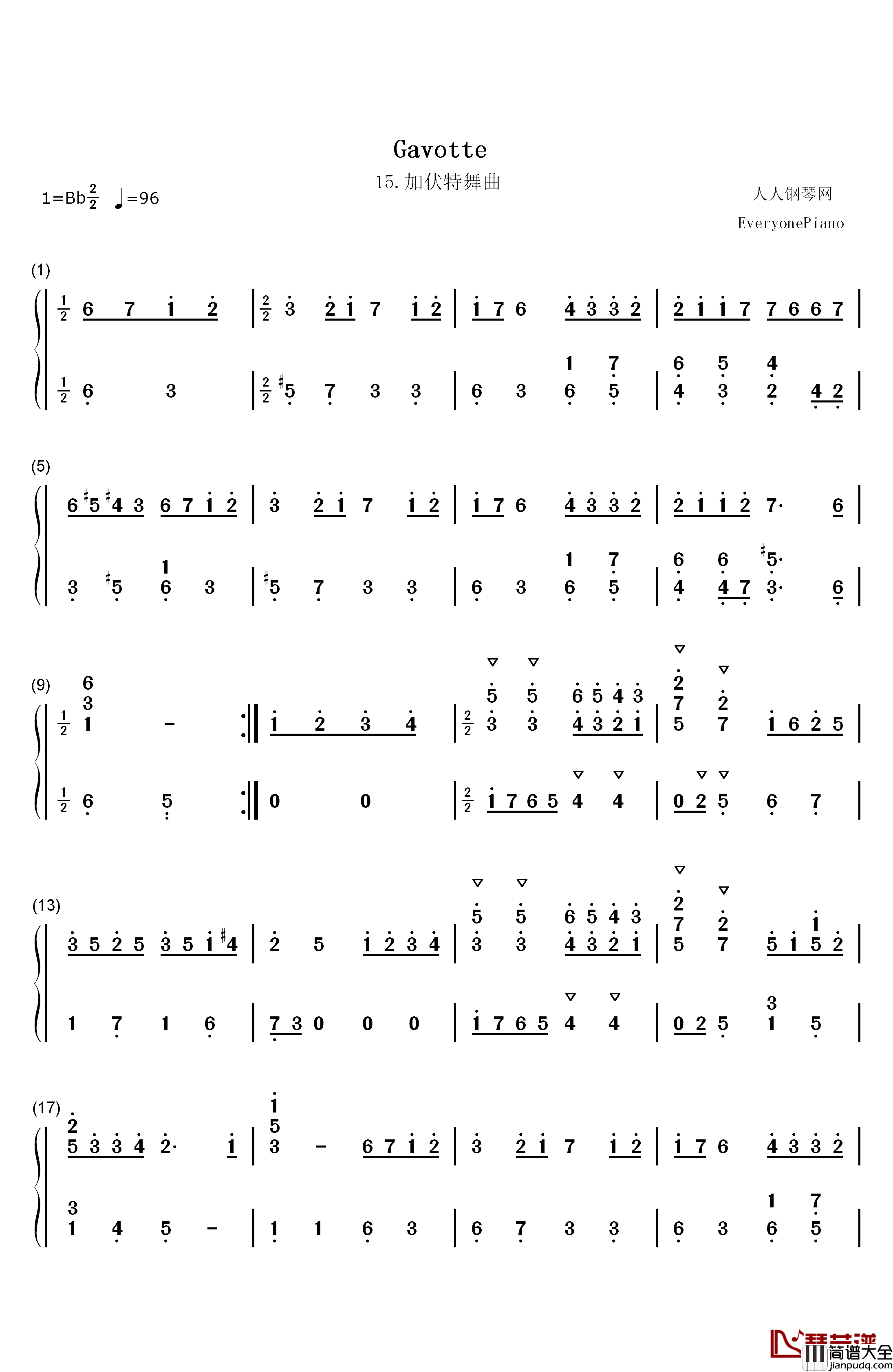 加伏特舞曲_15钢琴简谱_数字双手_巴赫