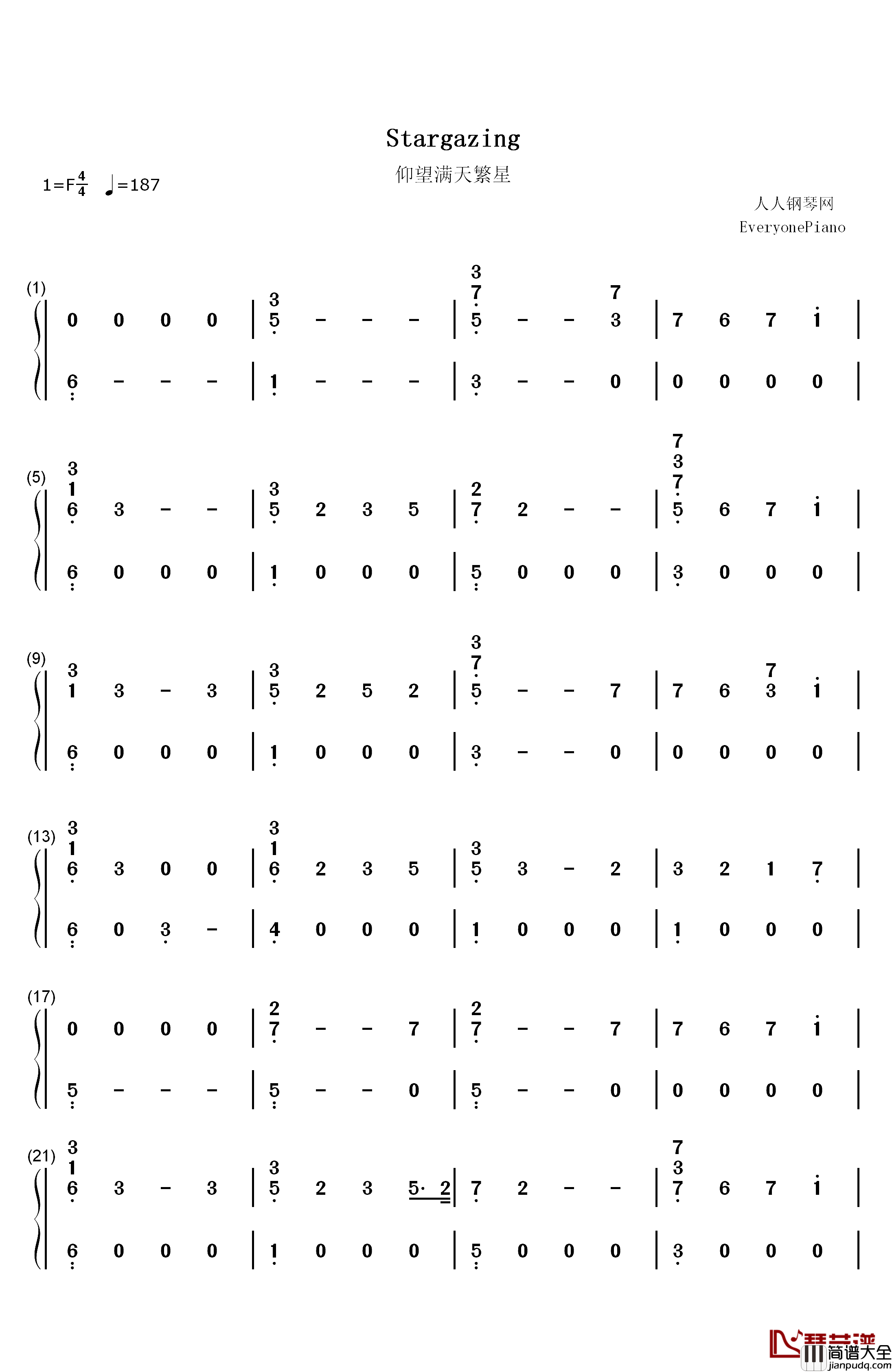 Stargazing钢琴简谱_数字双手_Kygo
