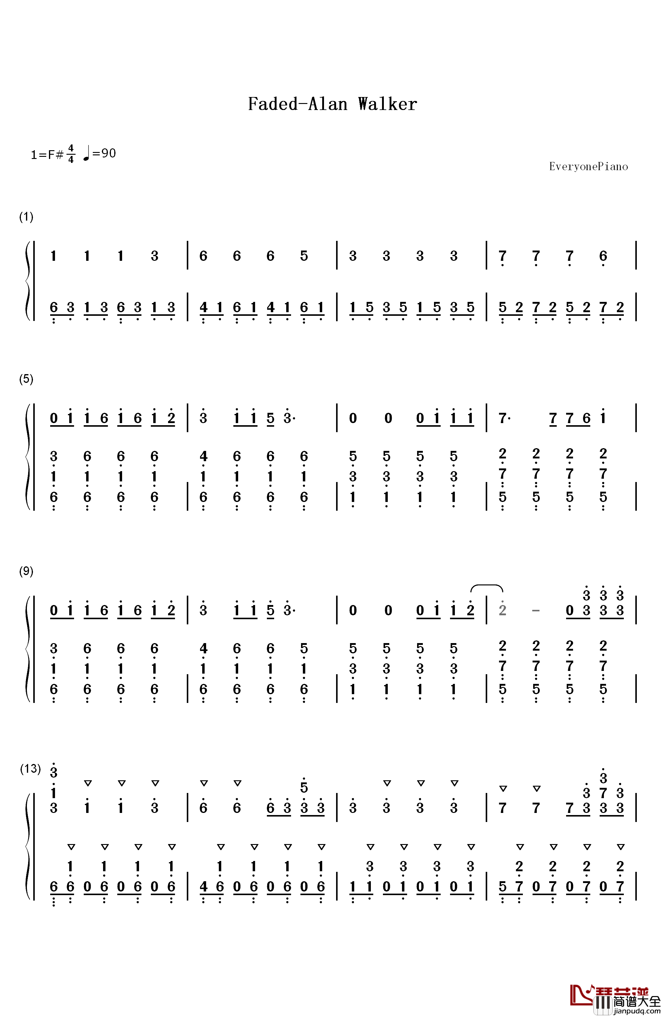 Faded钢琴简谱_数字双手_Alan_Walker