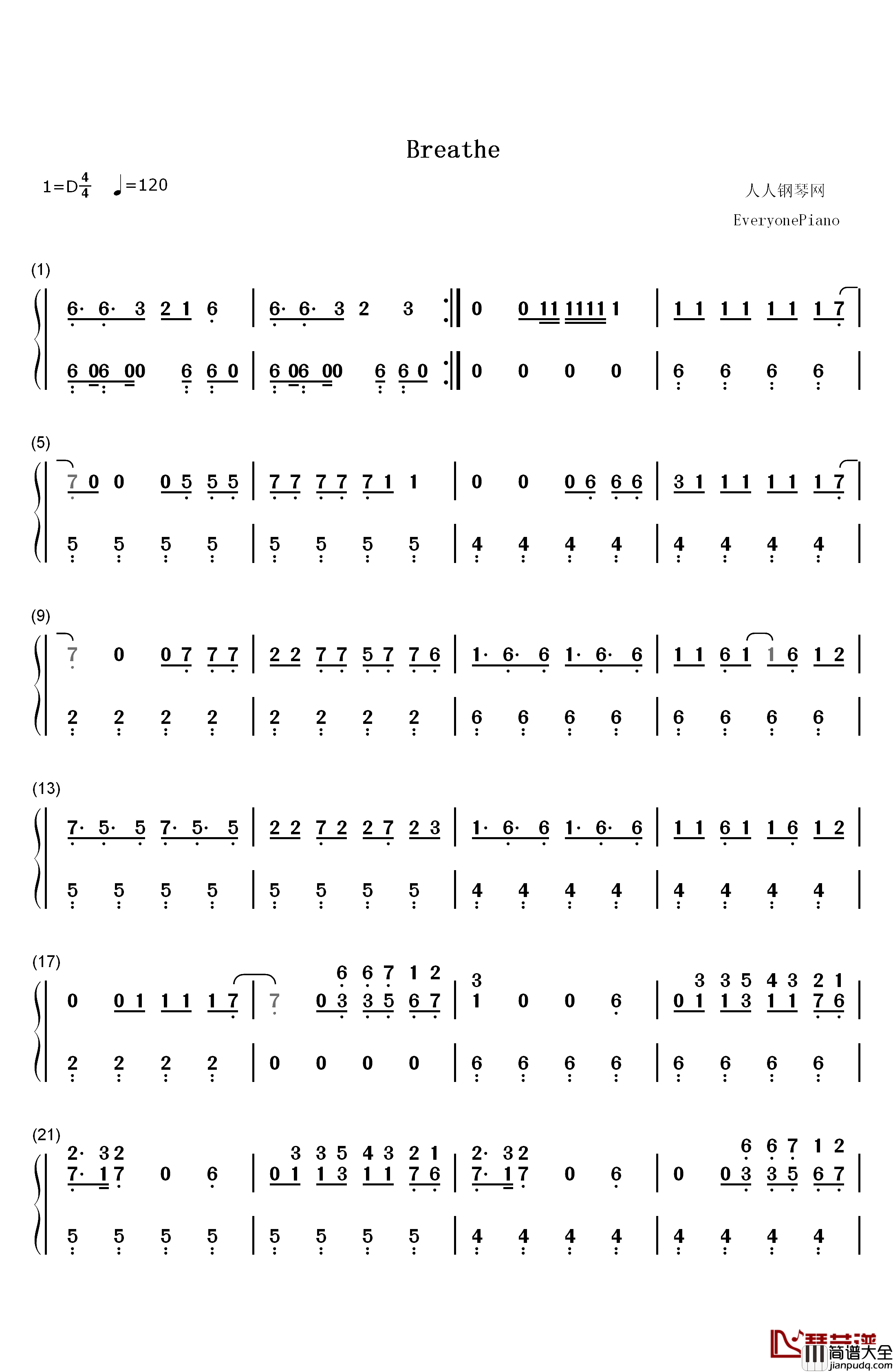 Breathe钢琴简谱_数字双手_Jax_Jones