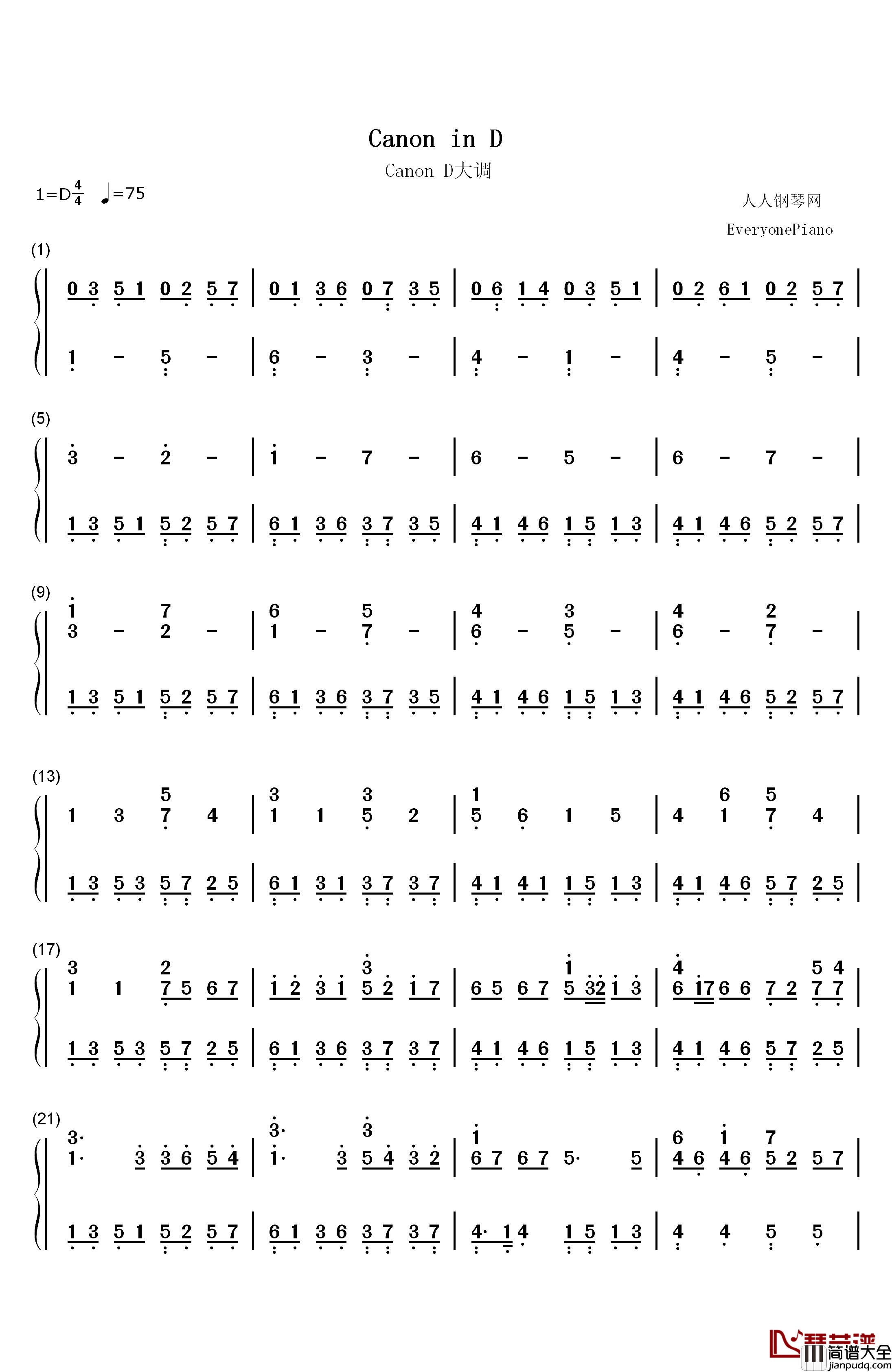 Canon_D大调钢琴简谱_数字双手_深田恭子