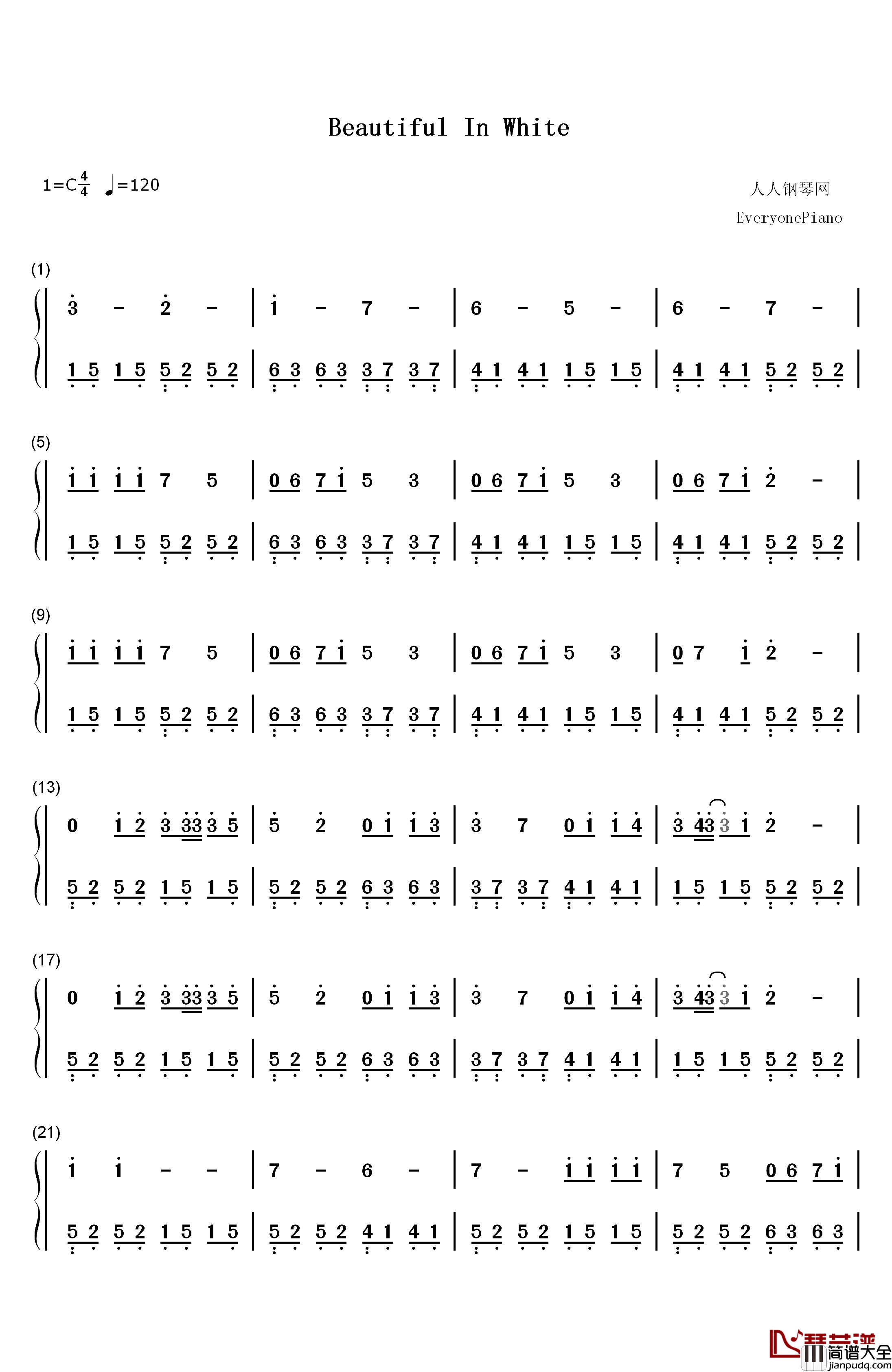 Beautiful_in_White钢琴简谱_数字双手_西域男孩__Westlife