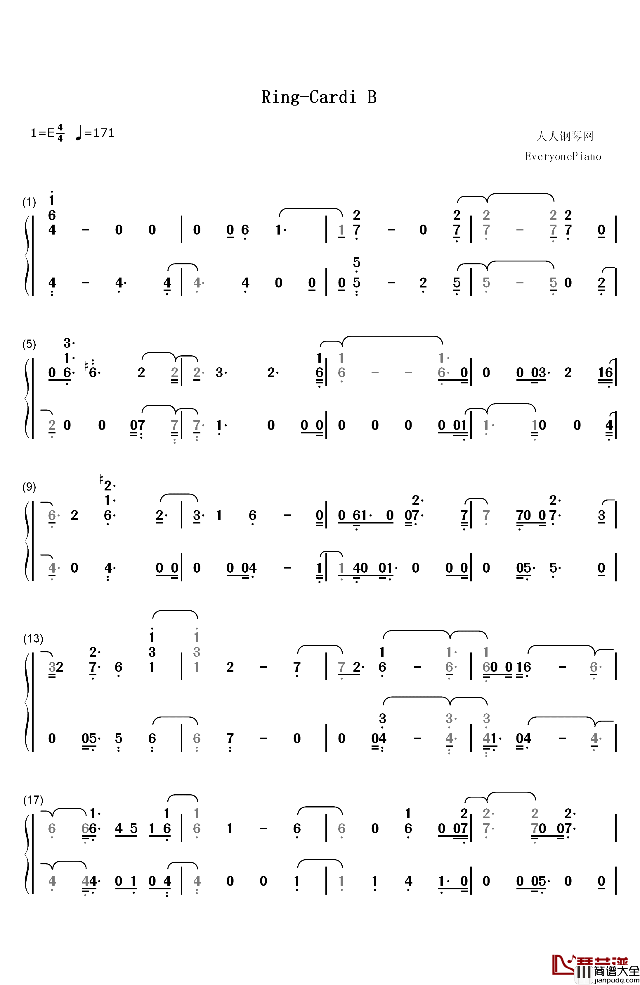Ring钢琴简谱_数字双手_Cardi_B