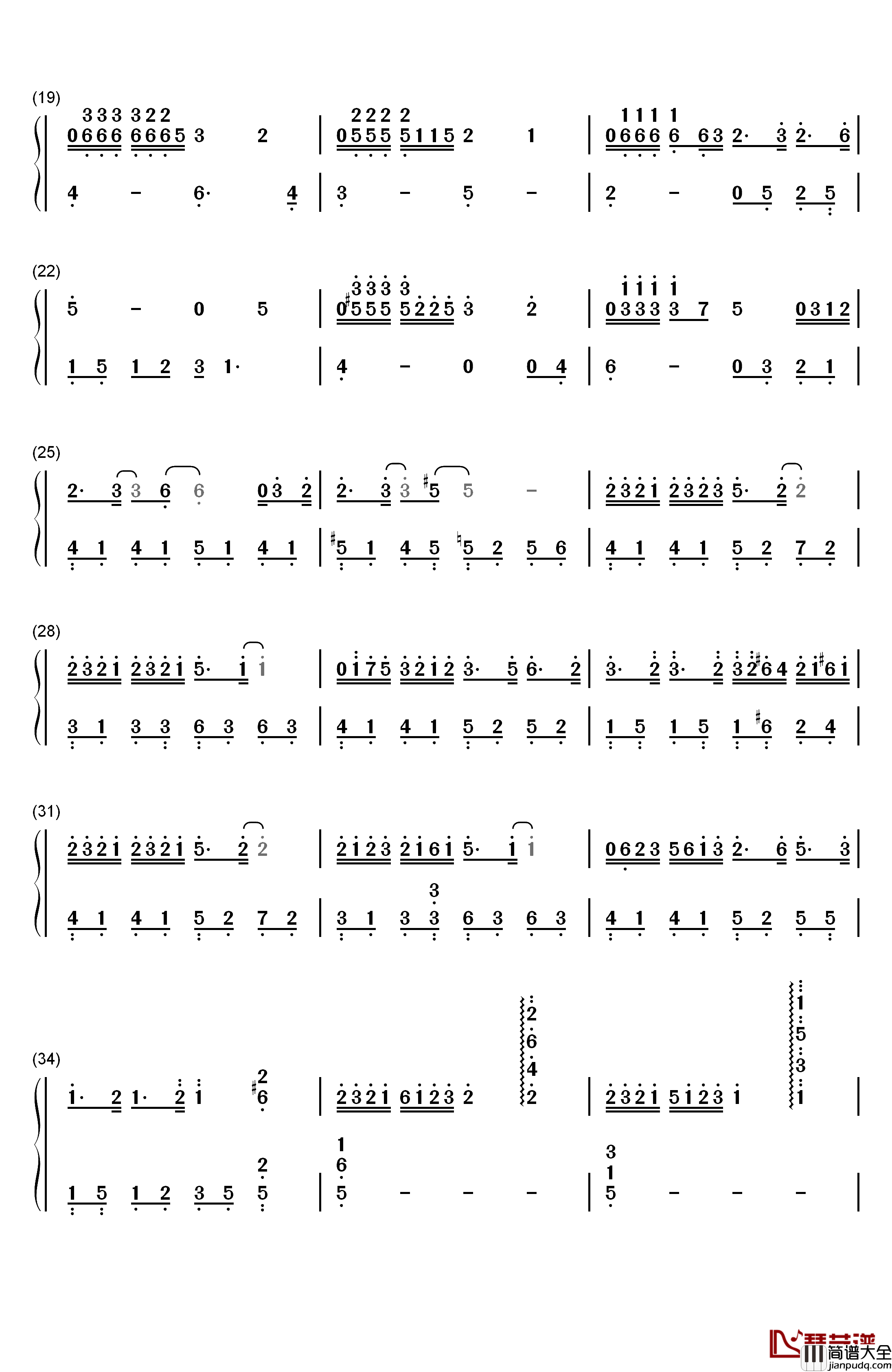 夏日绿荫钢琴简谱_数字双手_Pianoboy