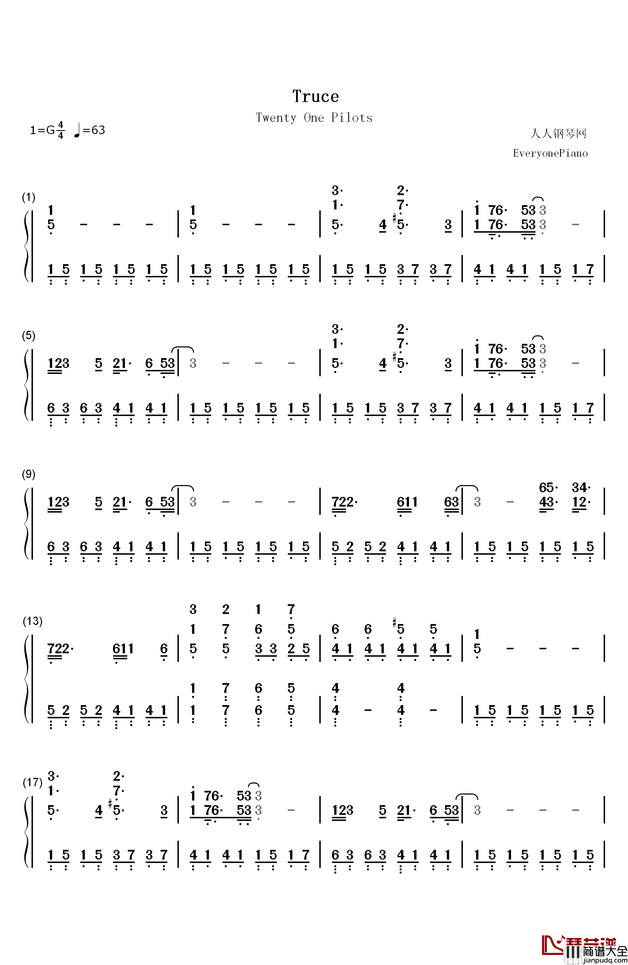 Truce钢琴简谱_数字双手_Twenty_One_Pilots