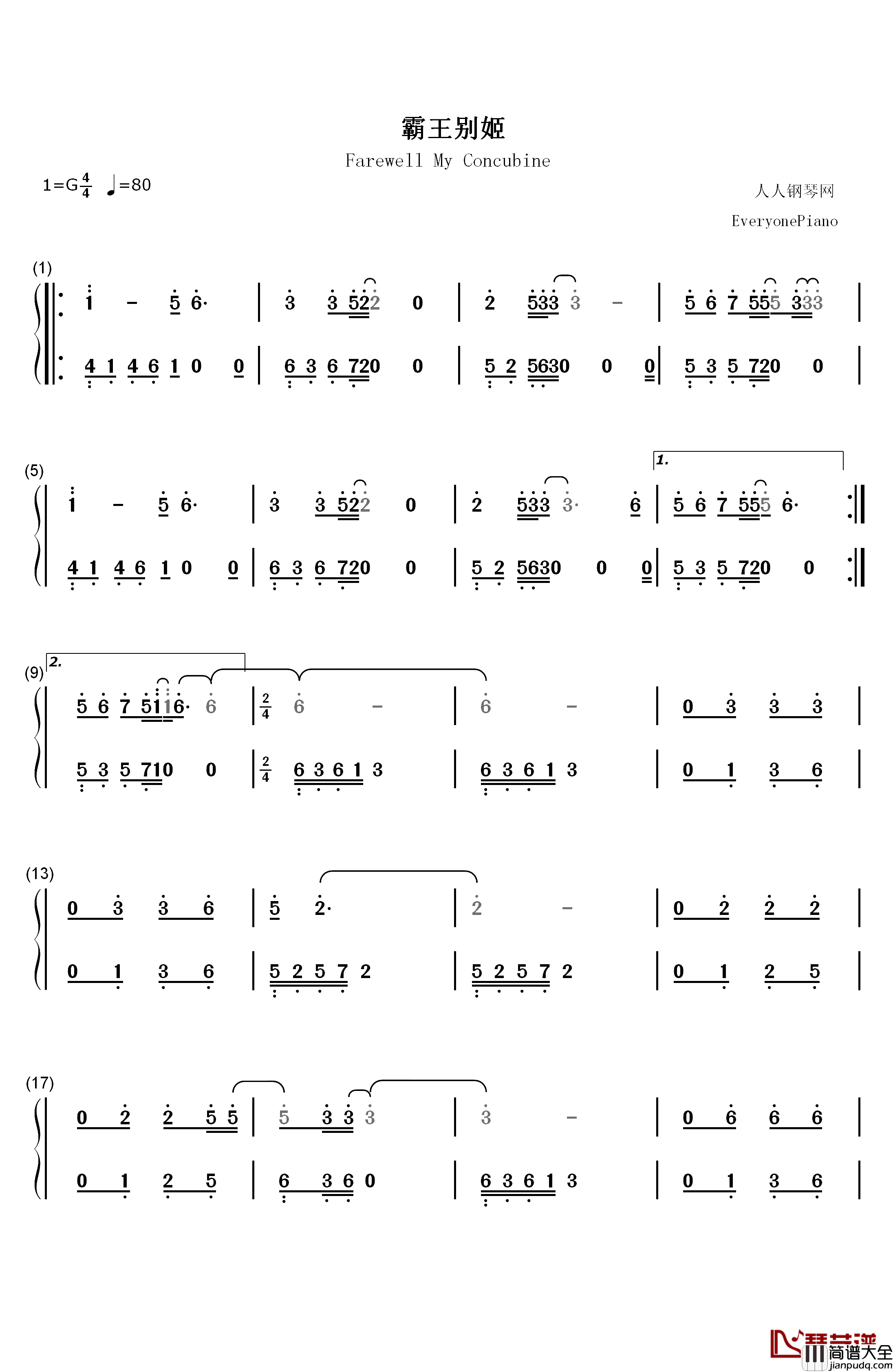霸王别姬钢琴简谱_数字双手_屠洪刚