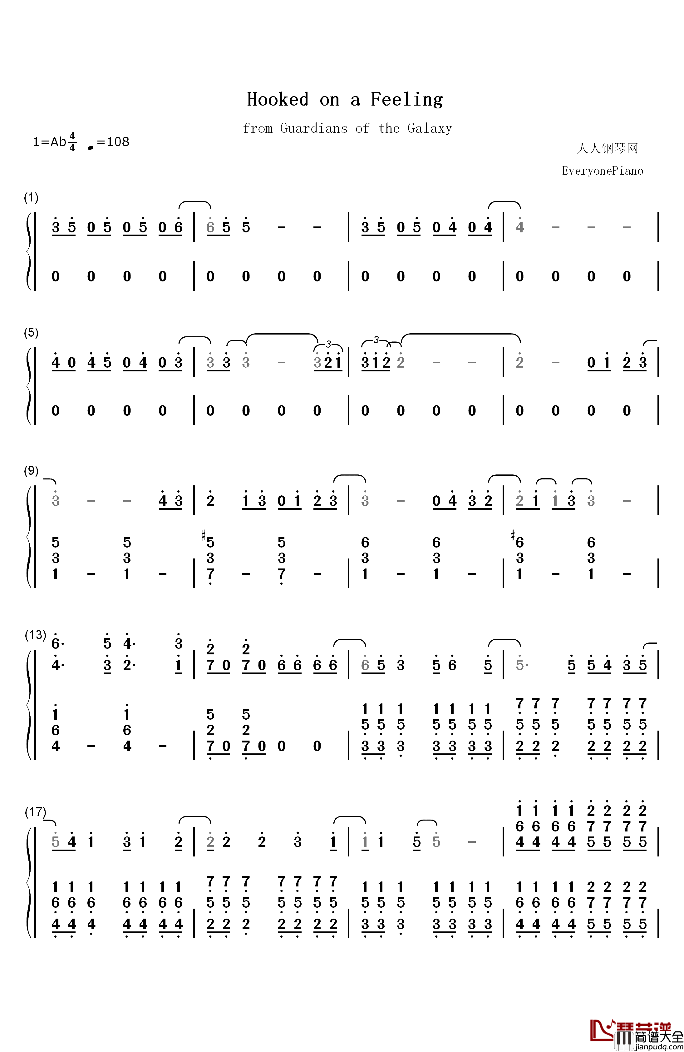 Hooked_on_a_Feeling钢琴简谱_数字双手_Blue_Swede