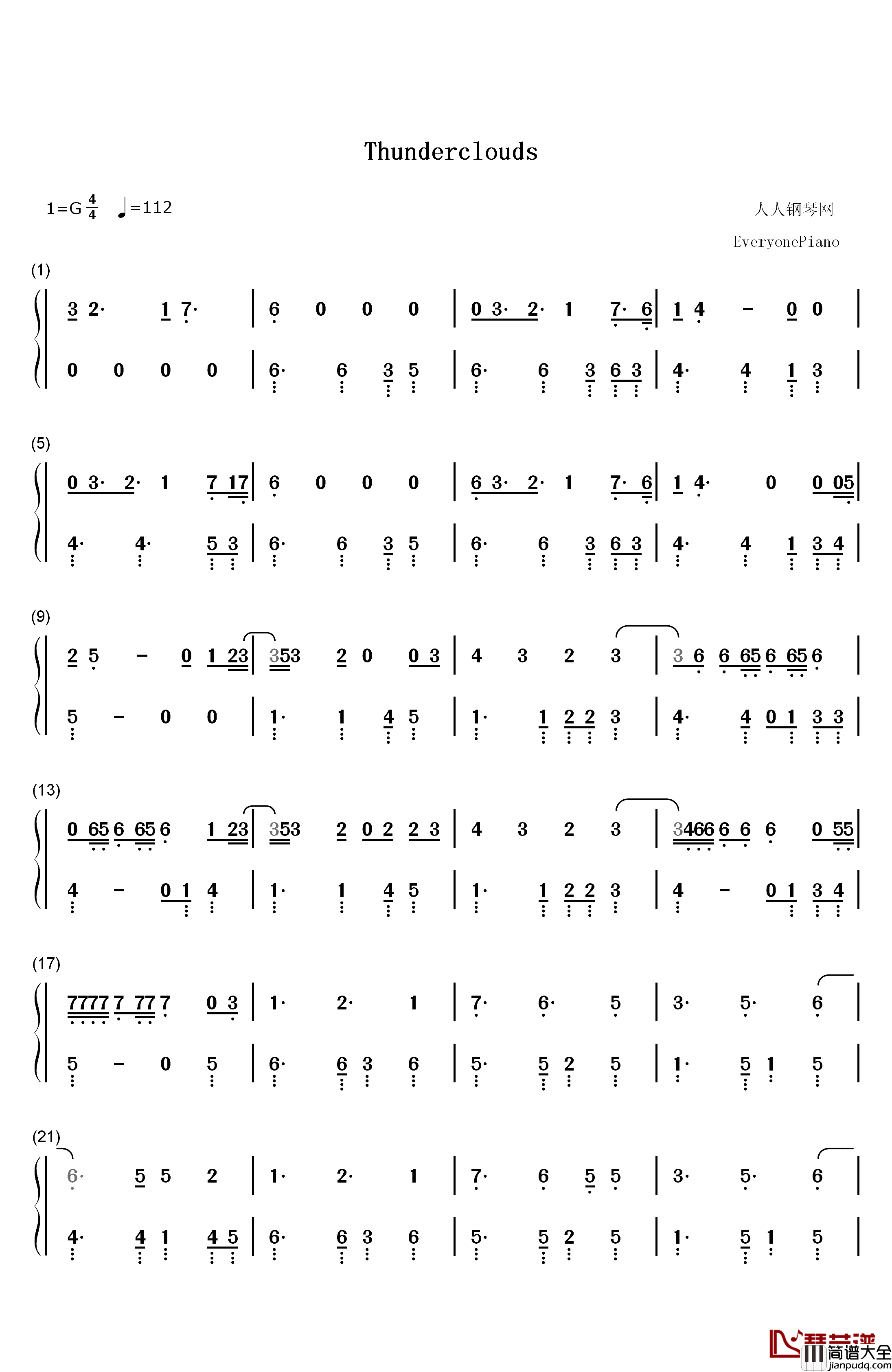 Thunderclouds钢琴简谱_数字双手_LSD