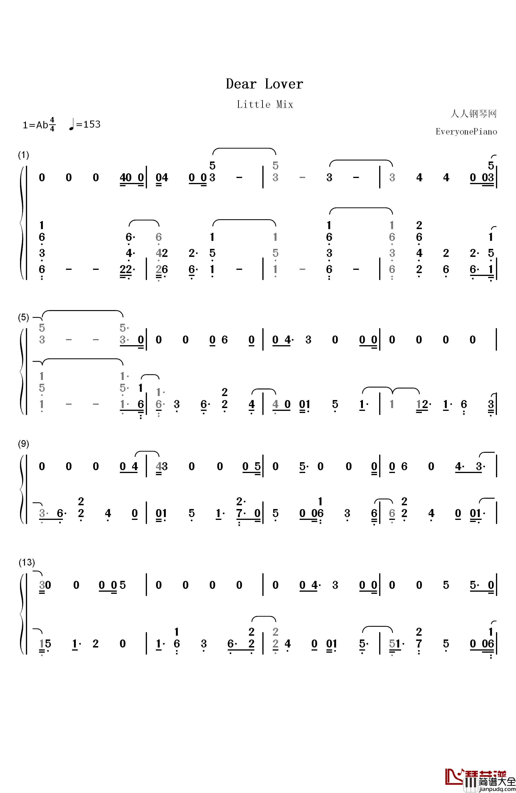 Dear_Lover钢琴简谱_数字双手_Little_Mix