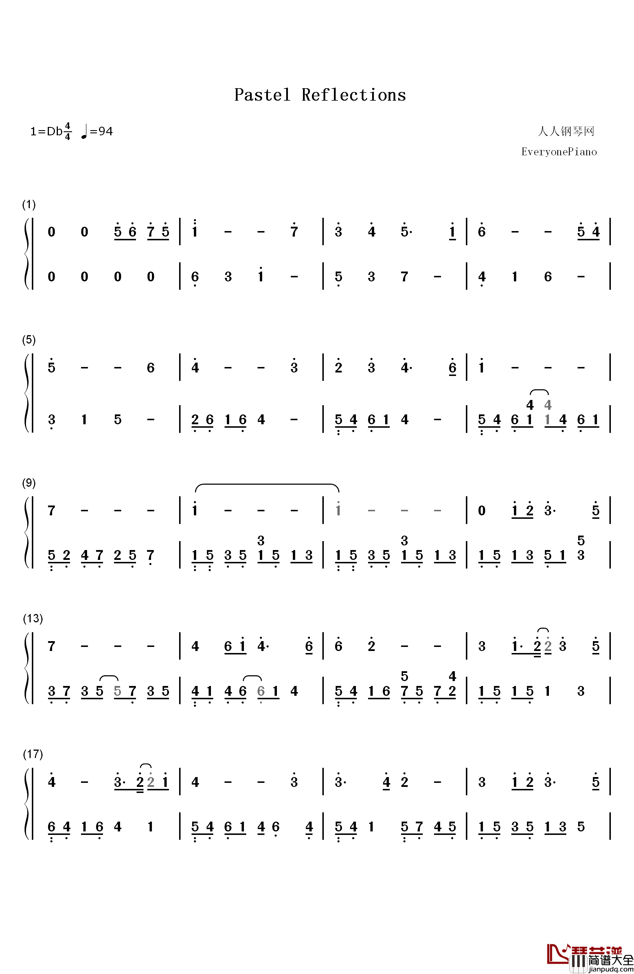 Pastel_Reflections钢琴简谱_数字双手_Kevin_Kern