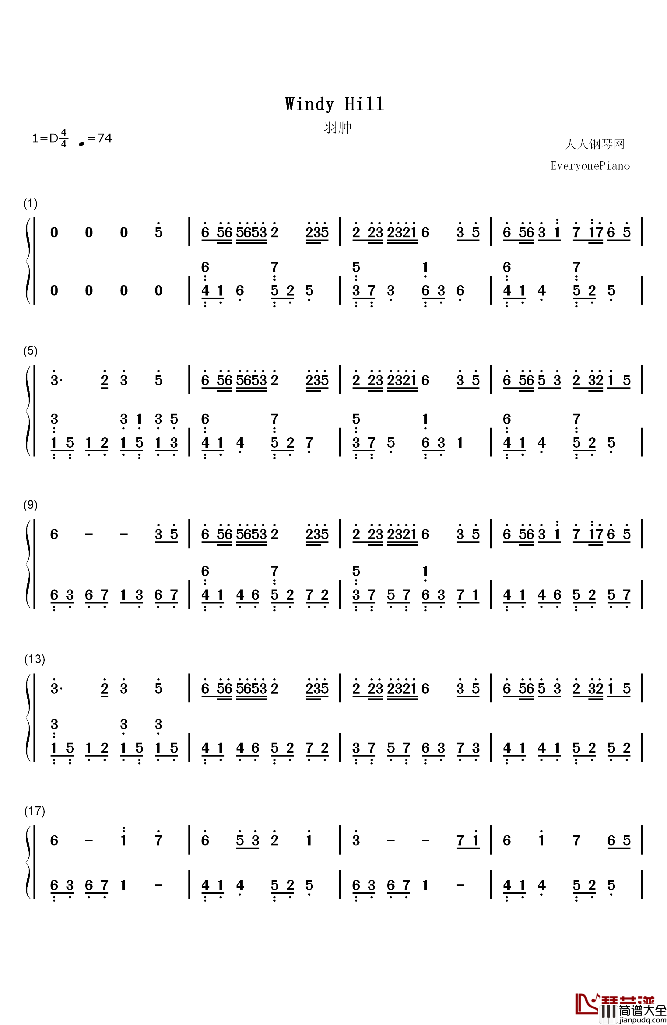 Windy_Hill钢琴简谱_数字双手_羽肿