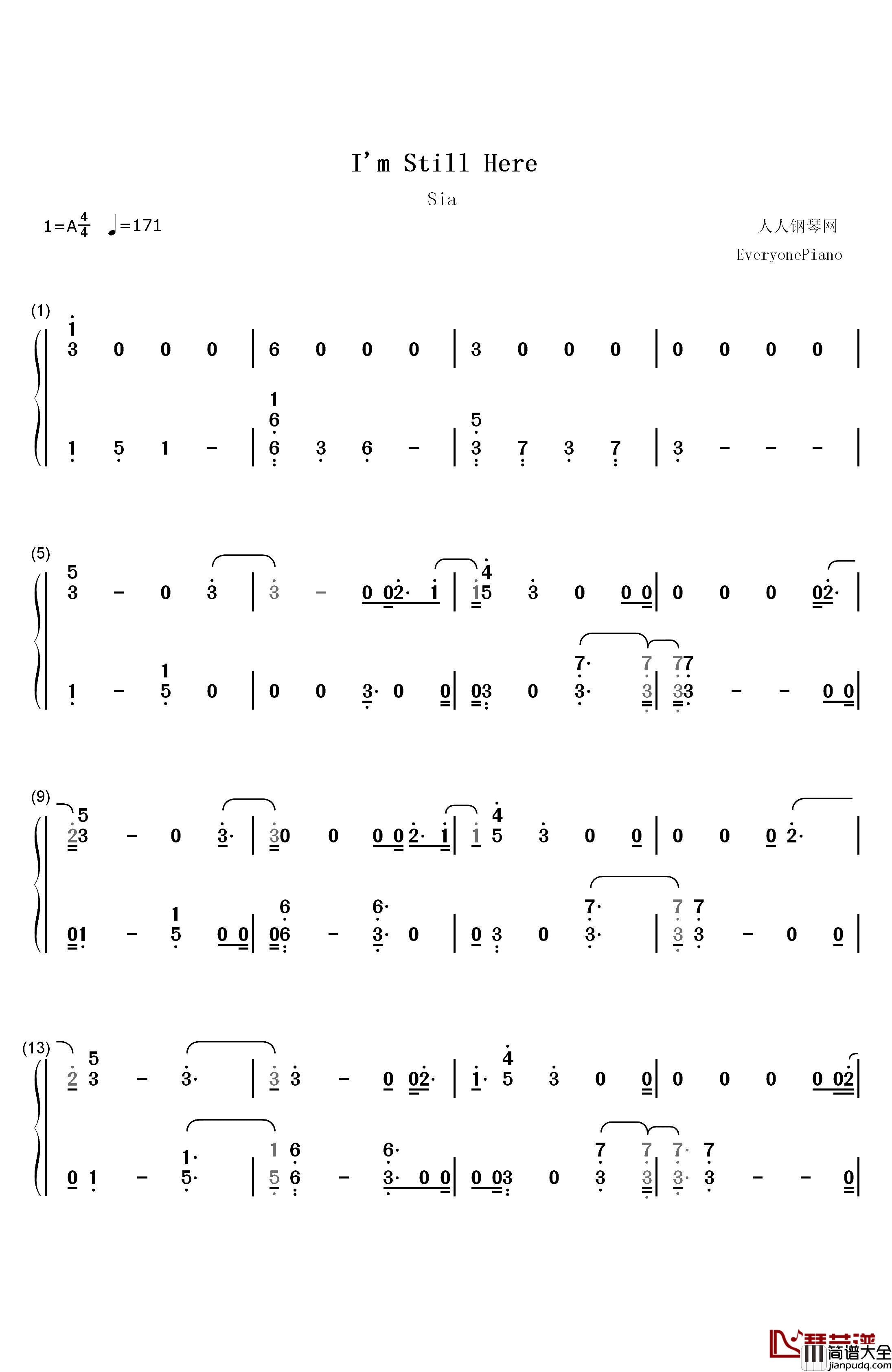 I'm_Still_Here钢琴简谱_数字双手_Sia