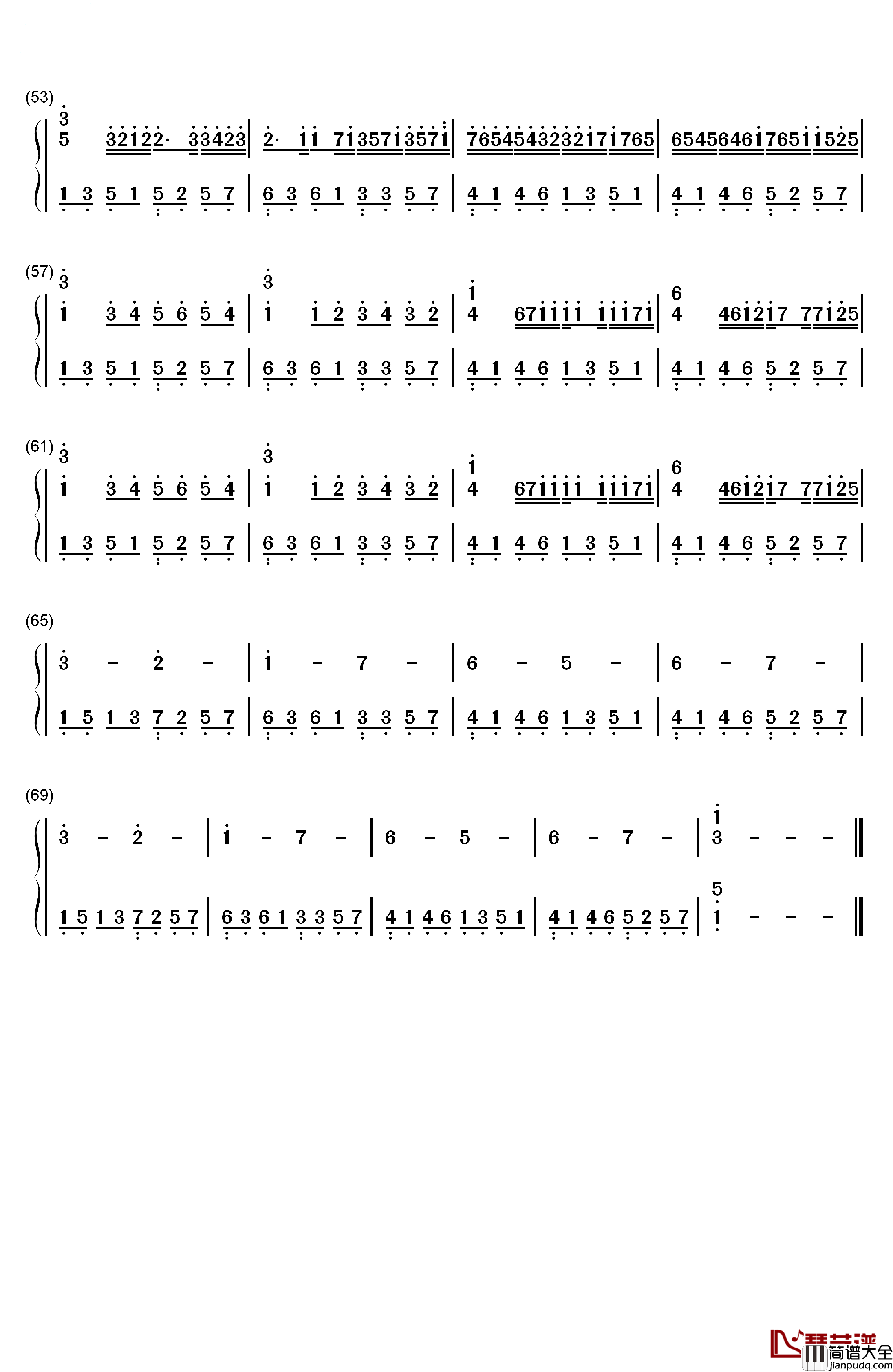 卡农钢琴简谱_数字双手_帕海贝尔