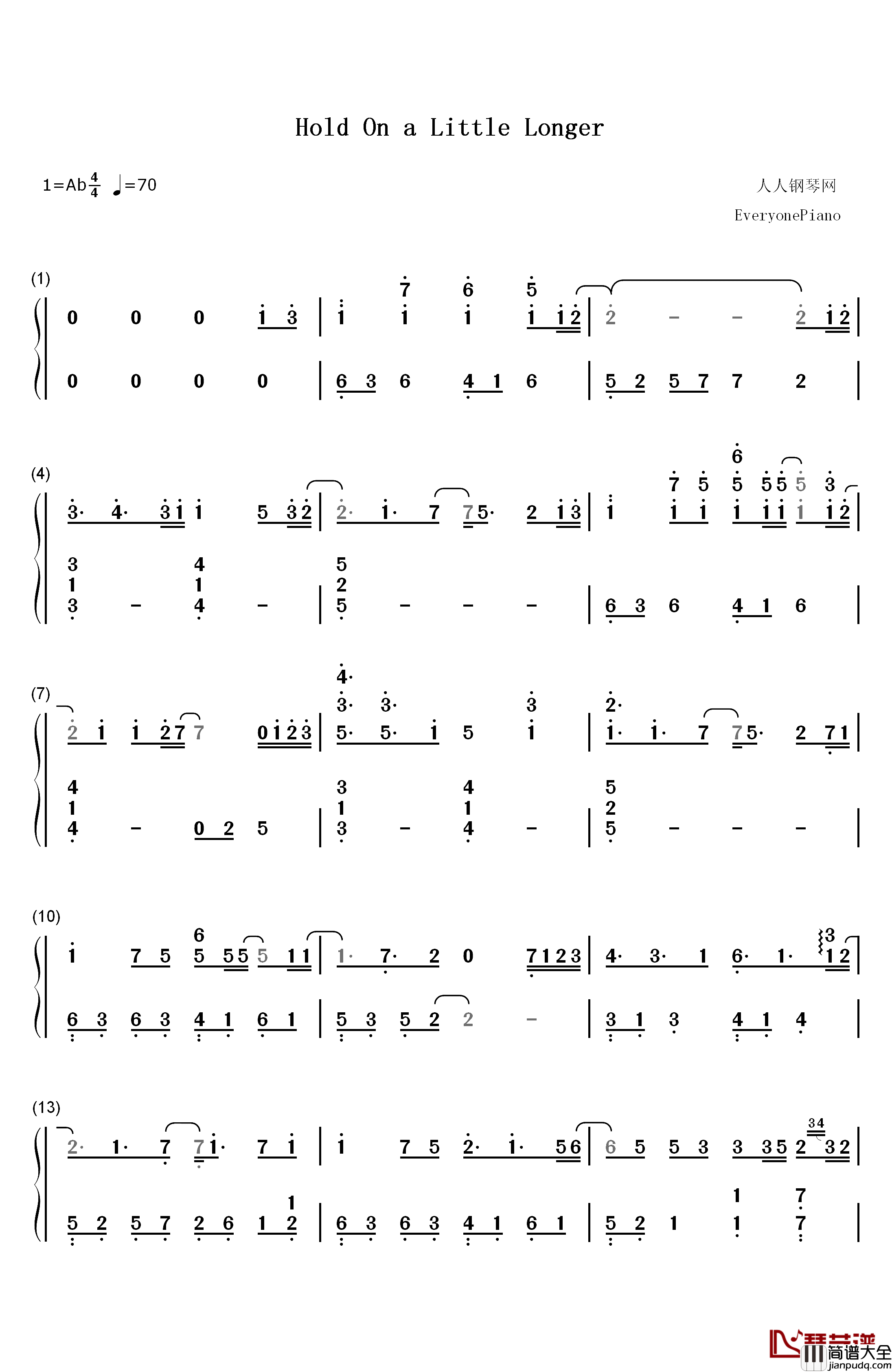Hold_On_a_Little_Longer钢琴简谱_数字双手_Xeuphoria