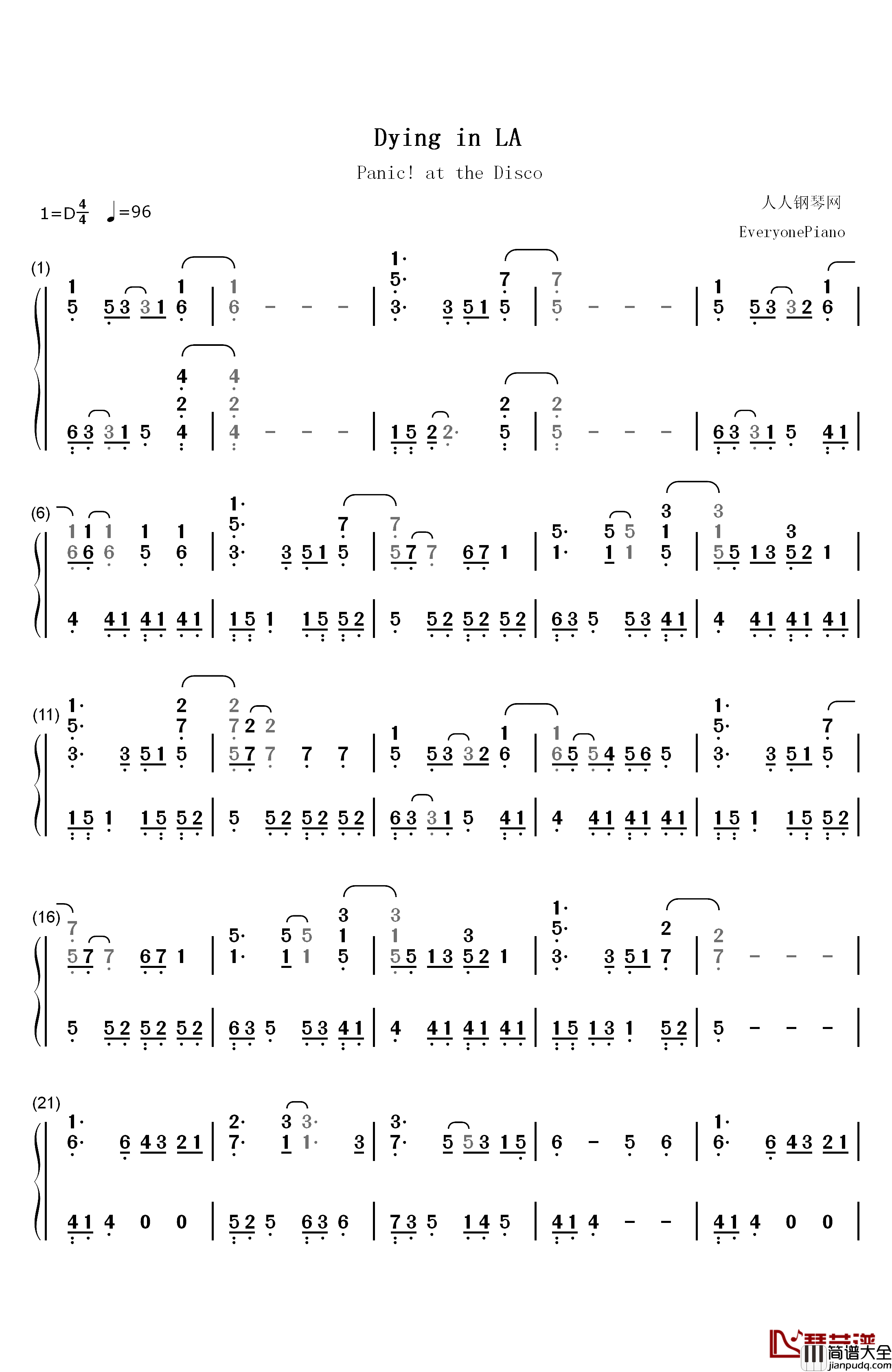 Dying_in_LA钢琴简谱_数字双手_Panic!_at_the_Disco